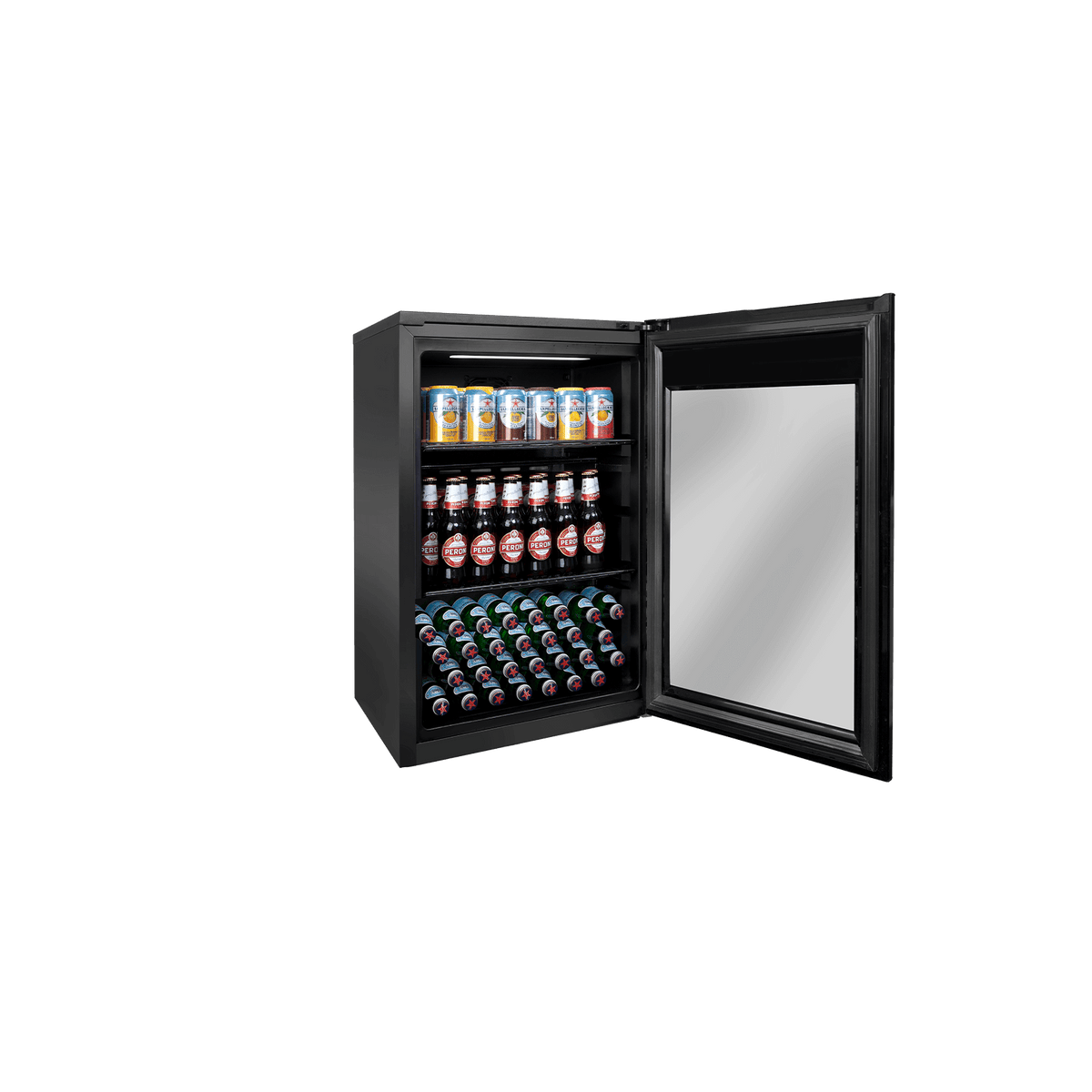 Artusi ABC1B single-door beverage centre - open door with cans and bottles on the shelves
