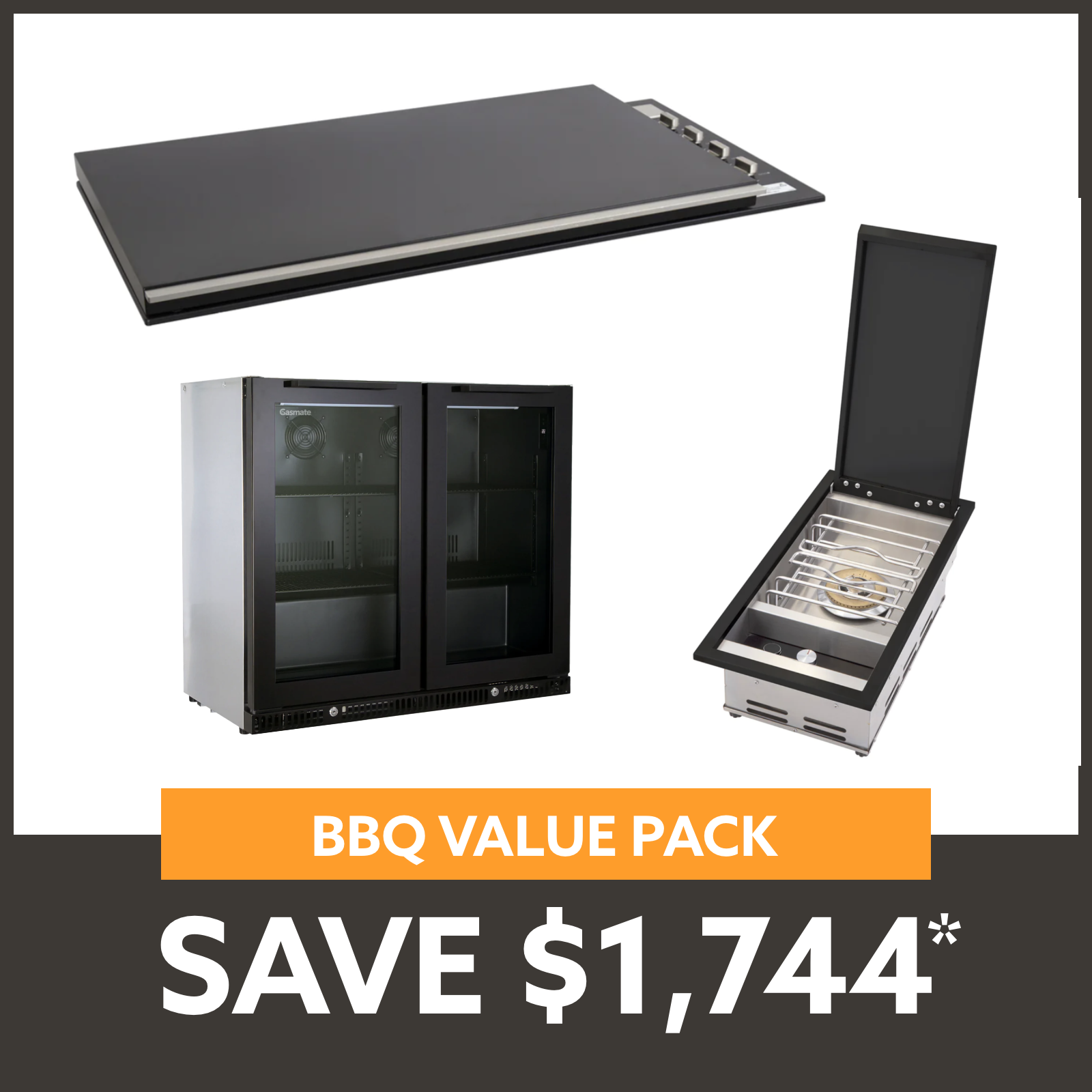 Bundle Artusi Matte Black Flat Lid with Gasmate Phoenix Sideburner & Gasmate Premium 2 Door Bar Fridge (187L)