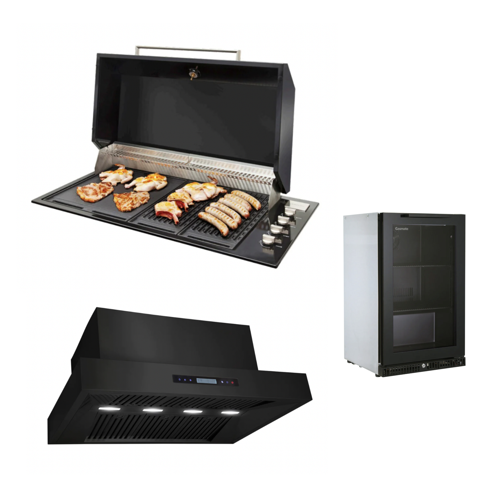 Bundle Artusi Matte Black Hood BBQ & Excelsior 1200 Rangehood & Gasmate Premium 1 Door Bar Fridge (97L)