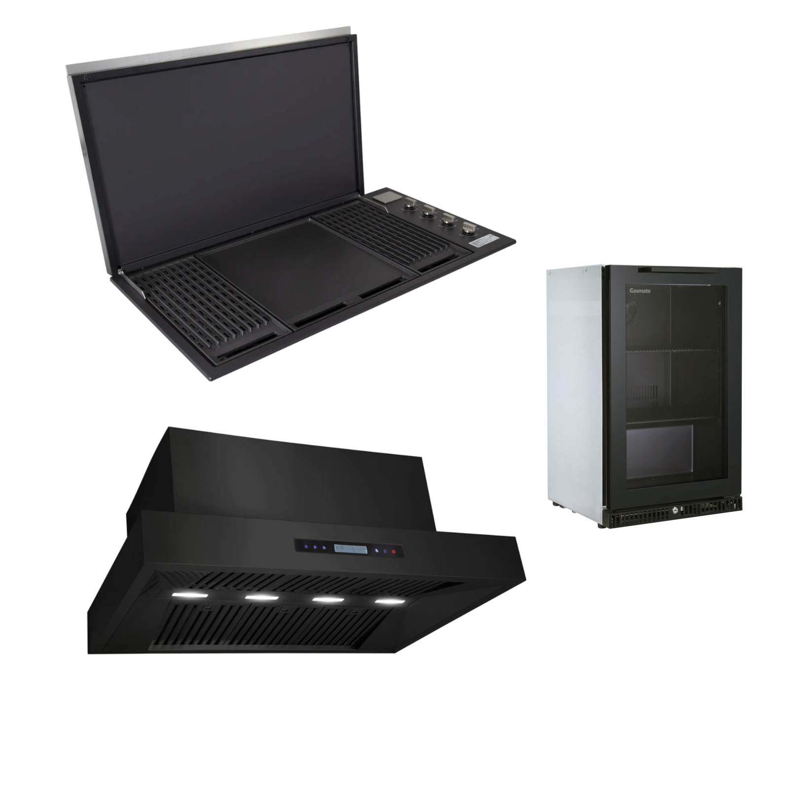 Bundle Artusi Matte Black Flat Lid BBQ & Excelsior 1200 Rangehood & Gasmate Premium Door Bar Fridge (97L)