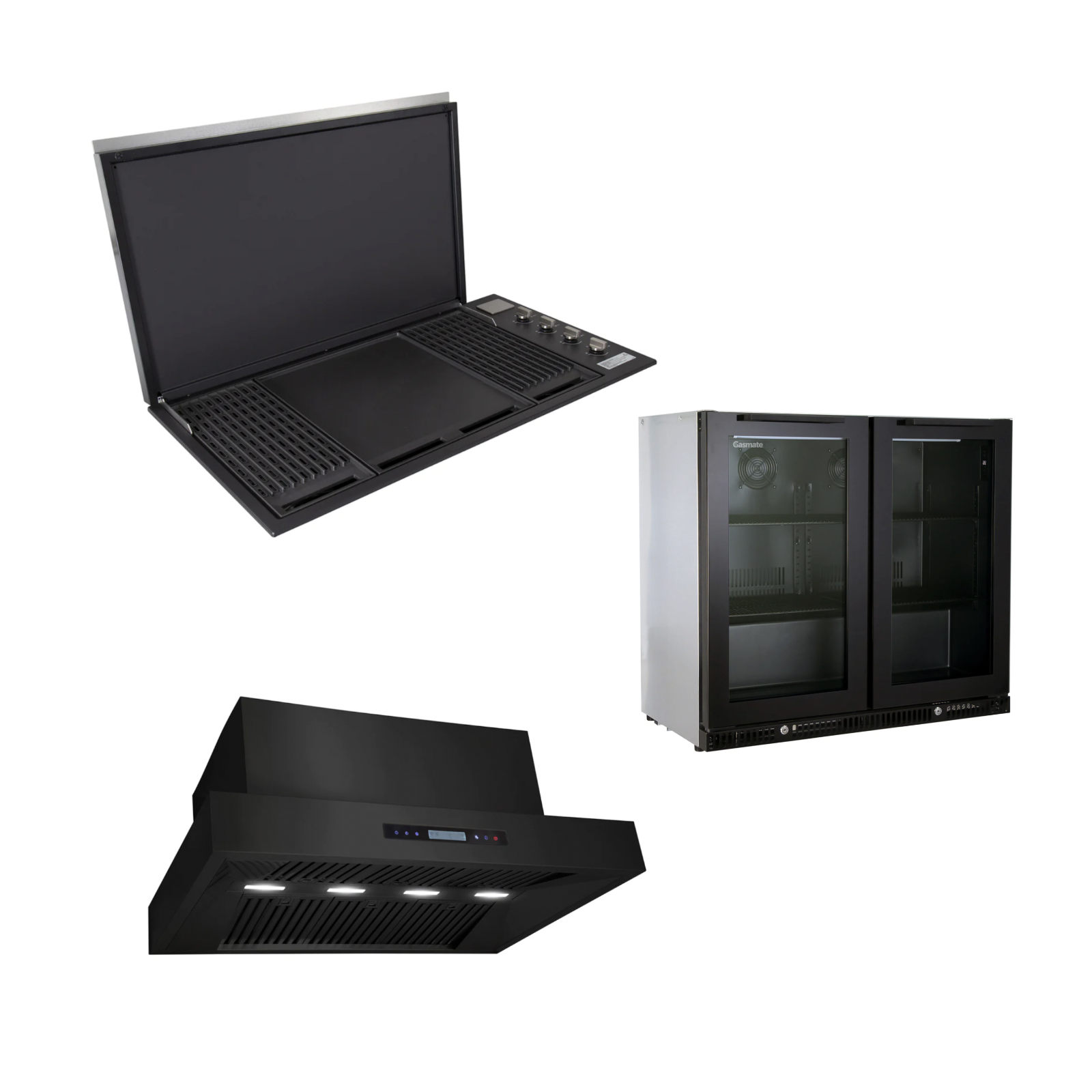 Bundle Artusi Matte Black Flat Lid BBQ & Excelsior 1200 Rangehood & Gasmate Premium 2 Door Bar Fridge (187L)