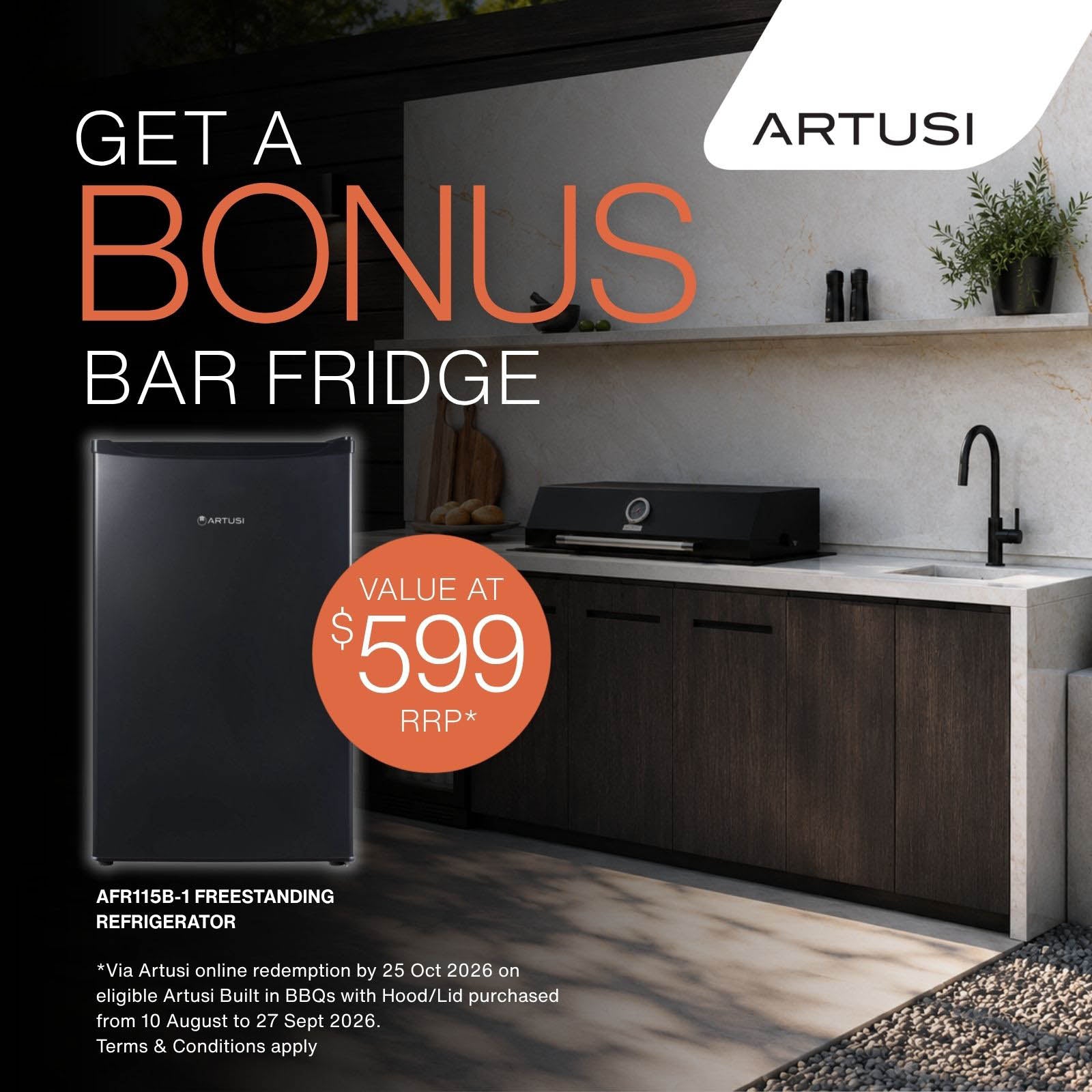Artusi Gloss Black 4 Burner Built-in BBQ with Roasting Hood