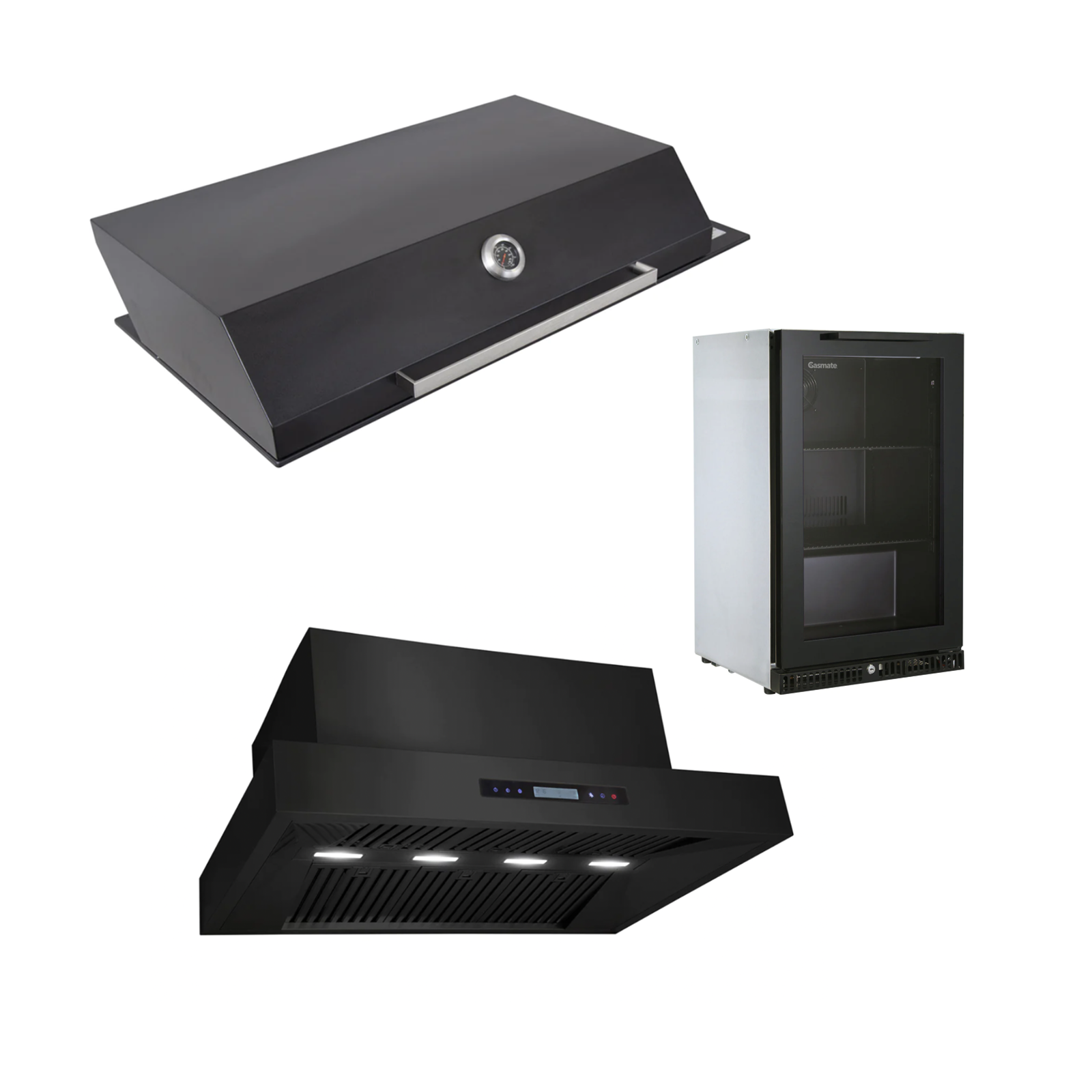 Bundle Artusi Matte Black Hood BBQ & Excelsior 1200 Rangehood & Gasmate Premium 1 Door Bar Fridge (97L)