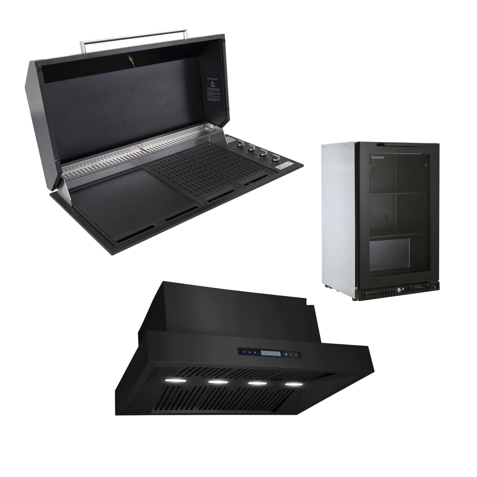 Bundle Artusi Matte Black Hood BBQ & Excelsior 1200 Rangehood & Gasmate Premium 1 Door Bar Fridge (97L)