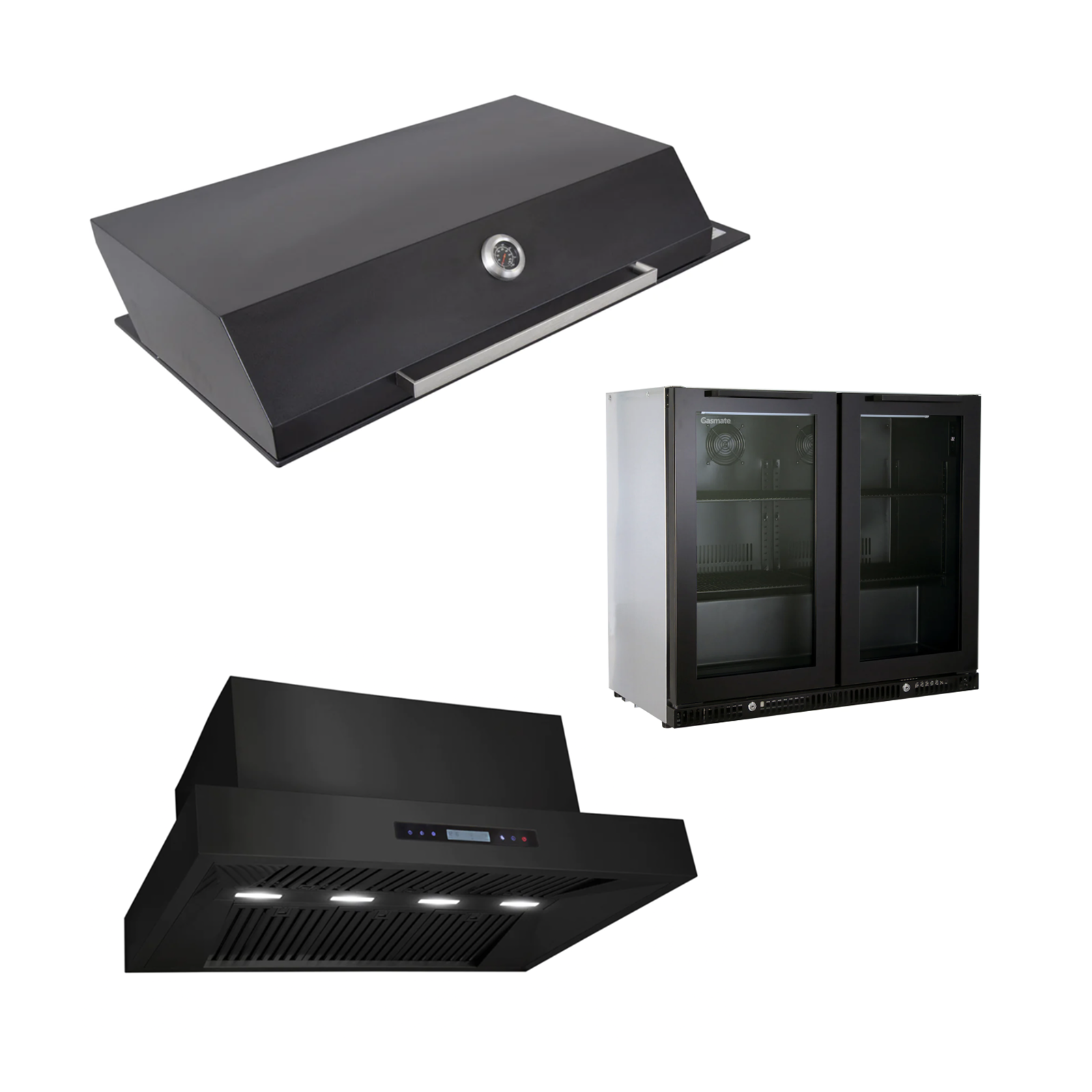 Bundle Artusi Matte Black Hood BBQ & Excelsior 1200 Rangehood & Gasmate Premium 2 Door Bar Fridge (187L)
