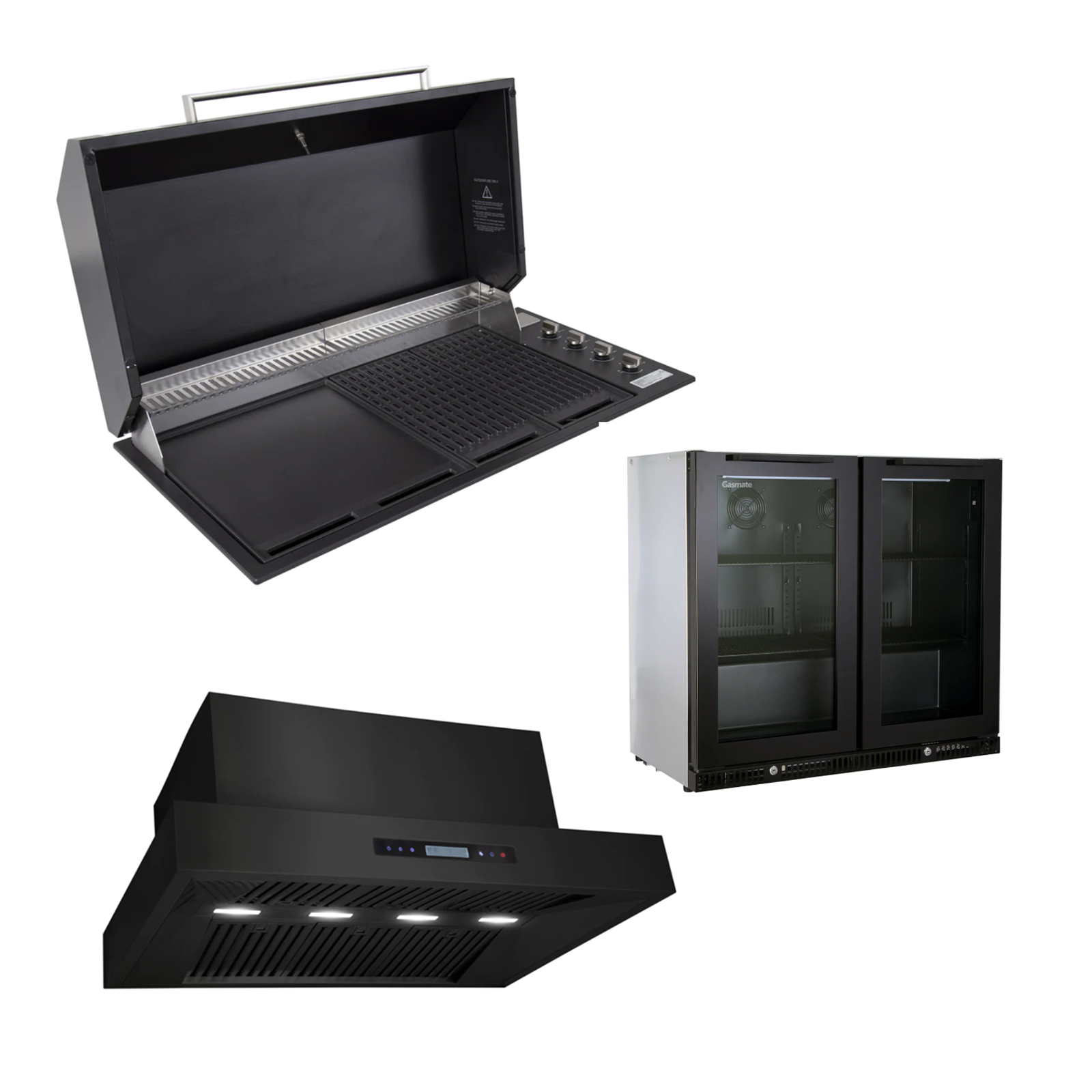 Bundle Artusi Matte Black Hood BBQ & Excelsior 1200 Rangehood & Gasmate Premium 2 Door Bar Fridge (187L)