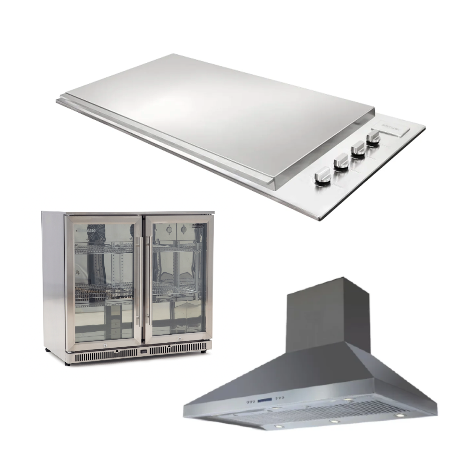 Bundle Artusi Stainless Steel Flat Lid BBQ & Gasmate Double Door Fridge 208L with Gasmaster 120cm Rangehood