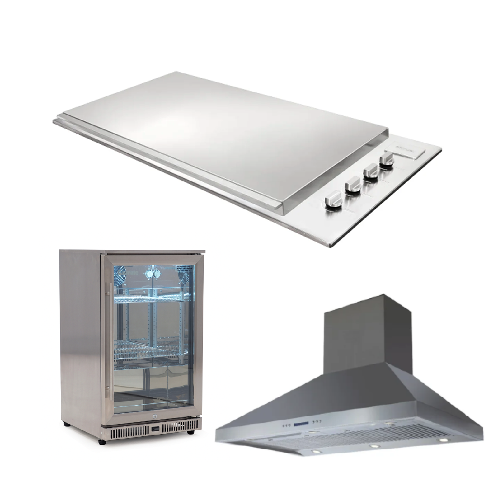 Bundle Artusi Stainless Steel Flat Lid & Gasmate Single Door Bar Fridge 108L with Gasmaster 120cm Rangehood