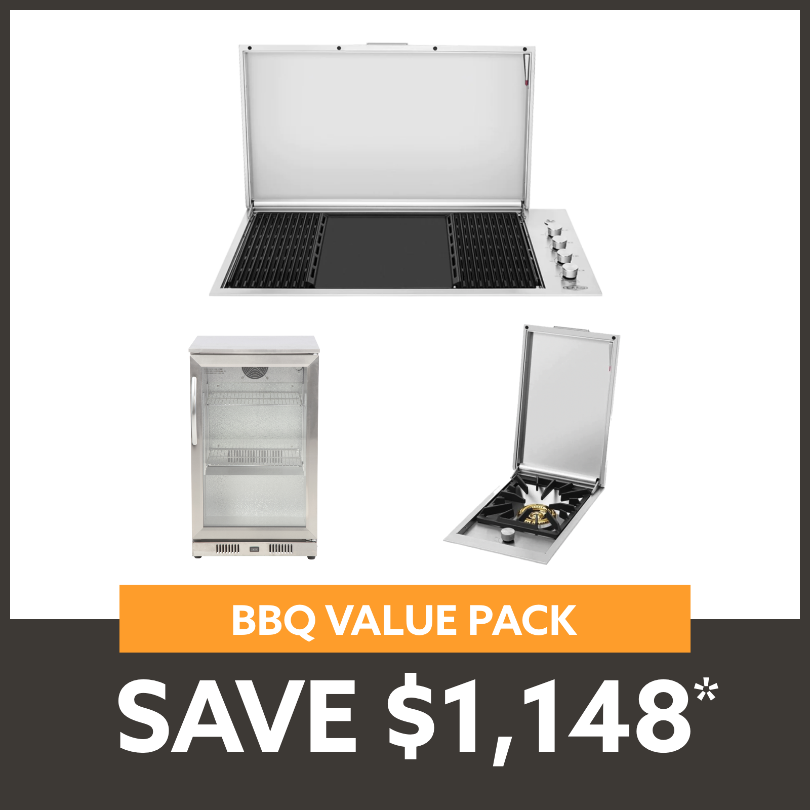 Bundle BeefEater Signature Proline BBQ with Lid & Quadburner & Gasmate 1 Door 118L Bar Fridge