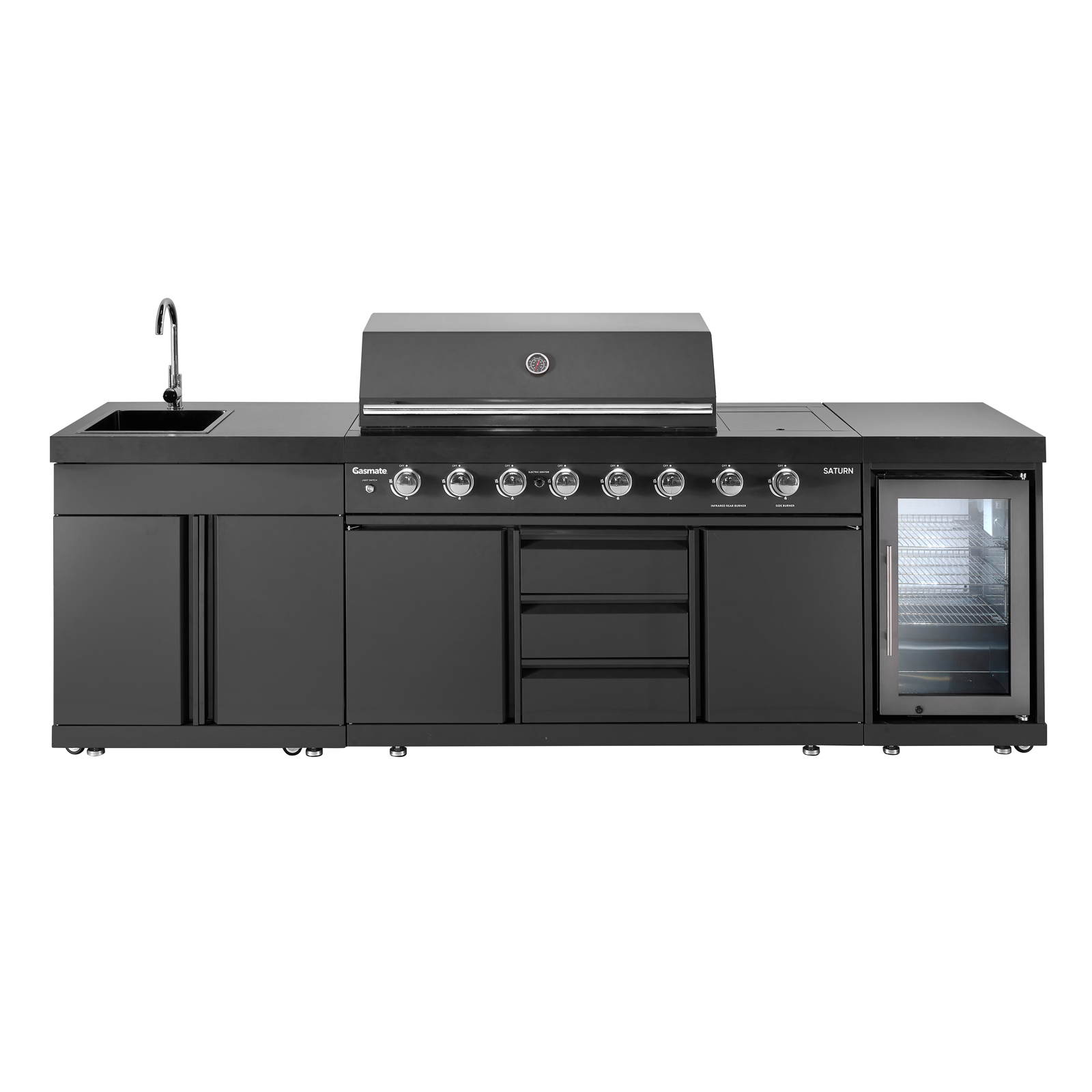 Gasmate Saturn Outdoor BBQ kitchen grill and refrigerator combo on a white background