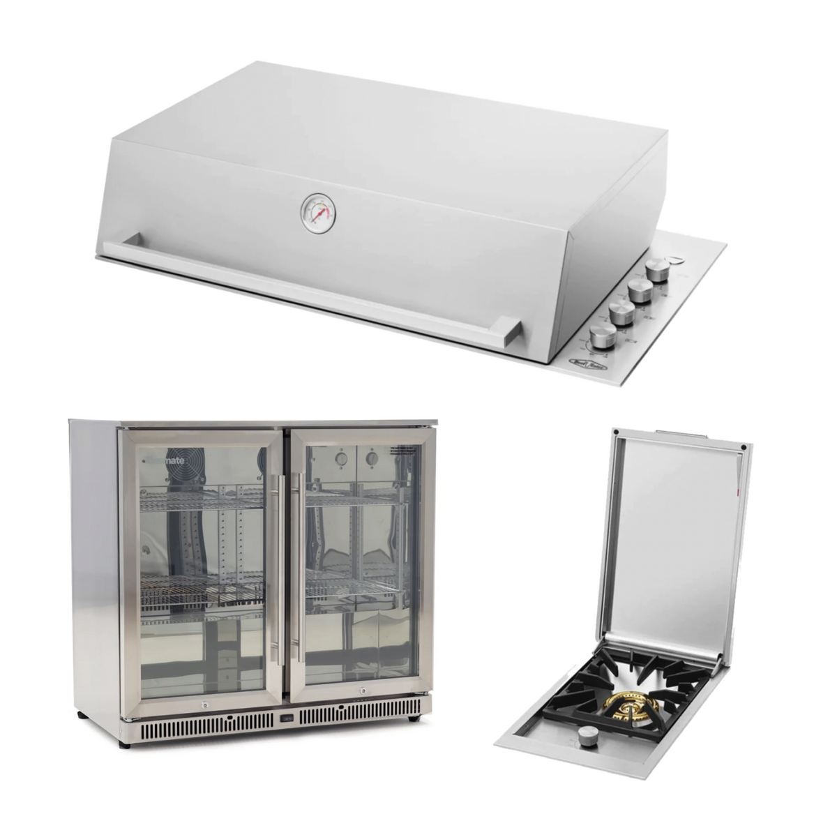 Bundle BeefEater Signature Proline 316 Stainless Steel BBQ with Hood & Quadburner & Gasmate 2 Door 208L Bar Fridge