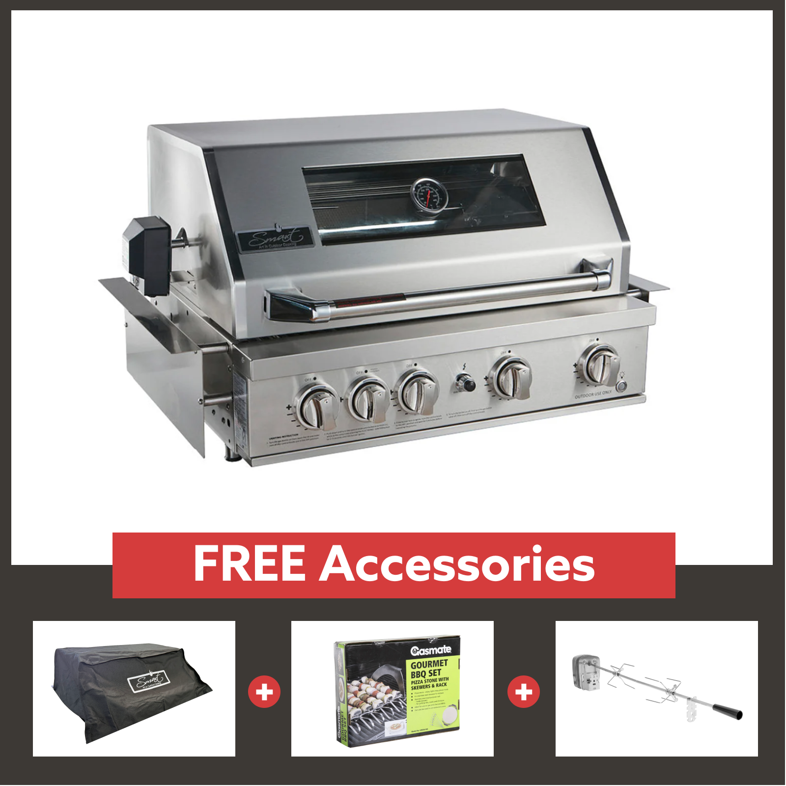 Smart 4 Burner Built-In Gas BBQ With Rotisserie & Rear Infrared Burner In Stainless Steel