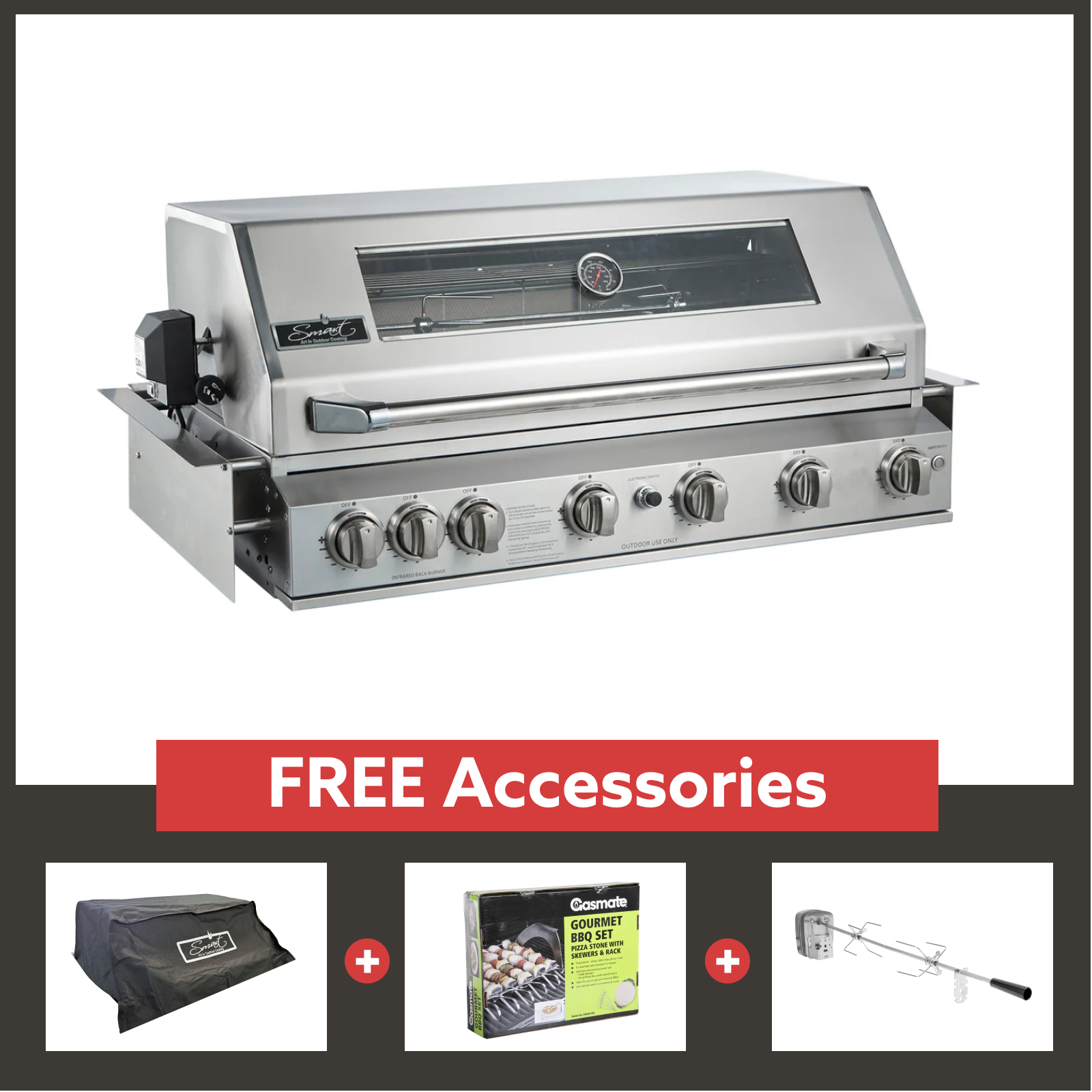Smart 6 Burner Built-In Gas BBQ With Rotisserie & Rear Infrared Burner In Stainless Steel