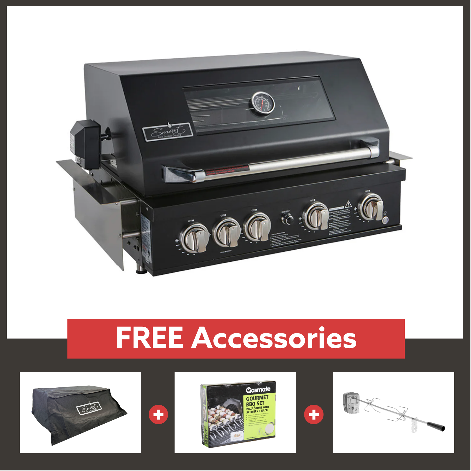 Smart 4 Burner Built-In Gas BBQ With Rotisserie & Rear Infrared Burner In Black