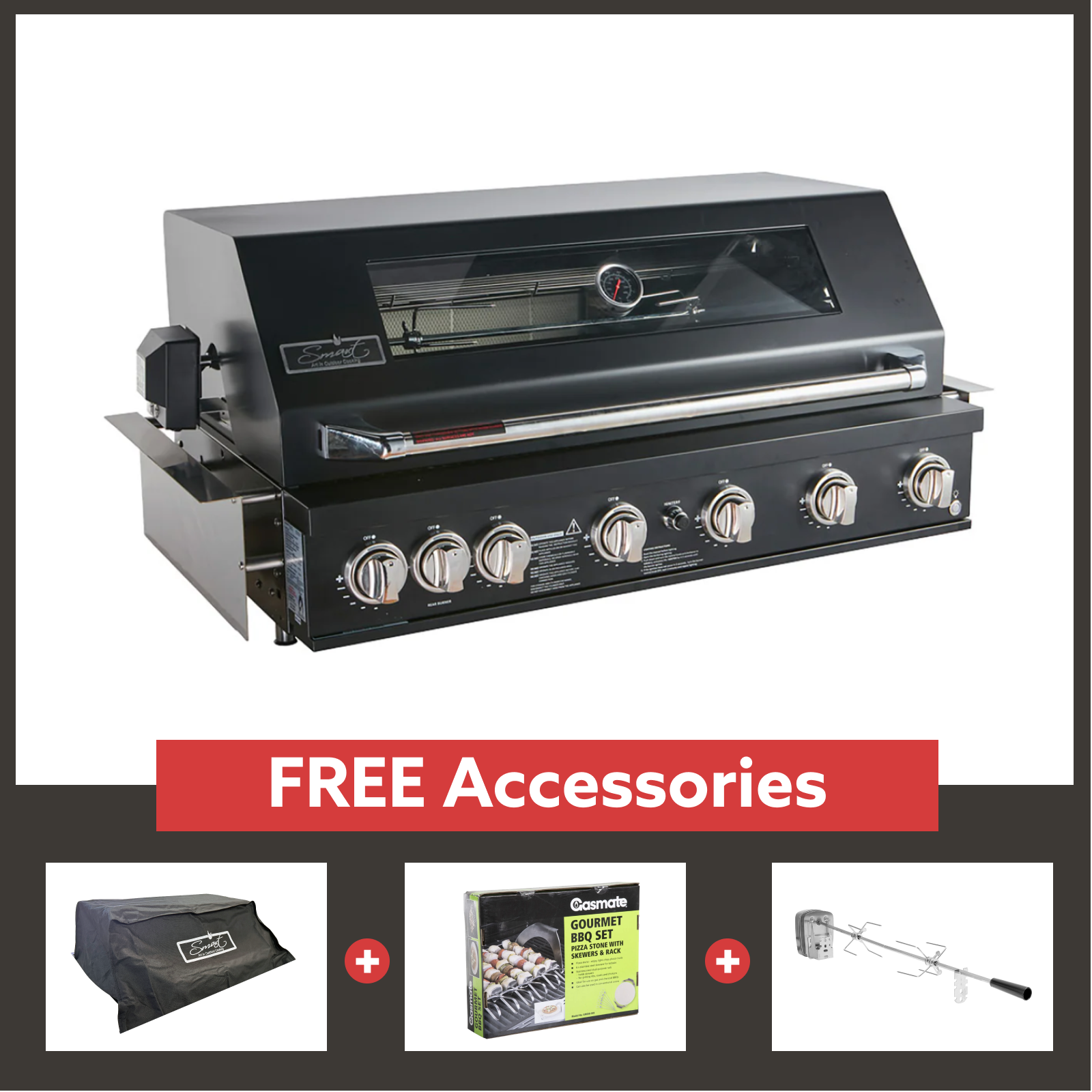 Smart 6 Burner Built-In Gas BBQ With Rotisserie & Rear Infrared Burner In Black