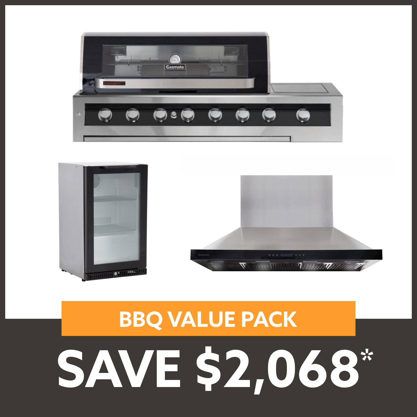 Bundle Gasmate Galaxy Black 6 Burner Built-In BBQ with Side Burner & Deluxe BBQ 150 cm Rangehood & Premium 1 Door 97L Glass Door Bar Fridge