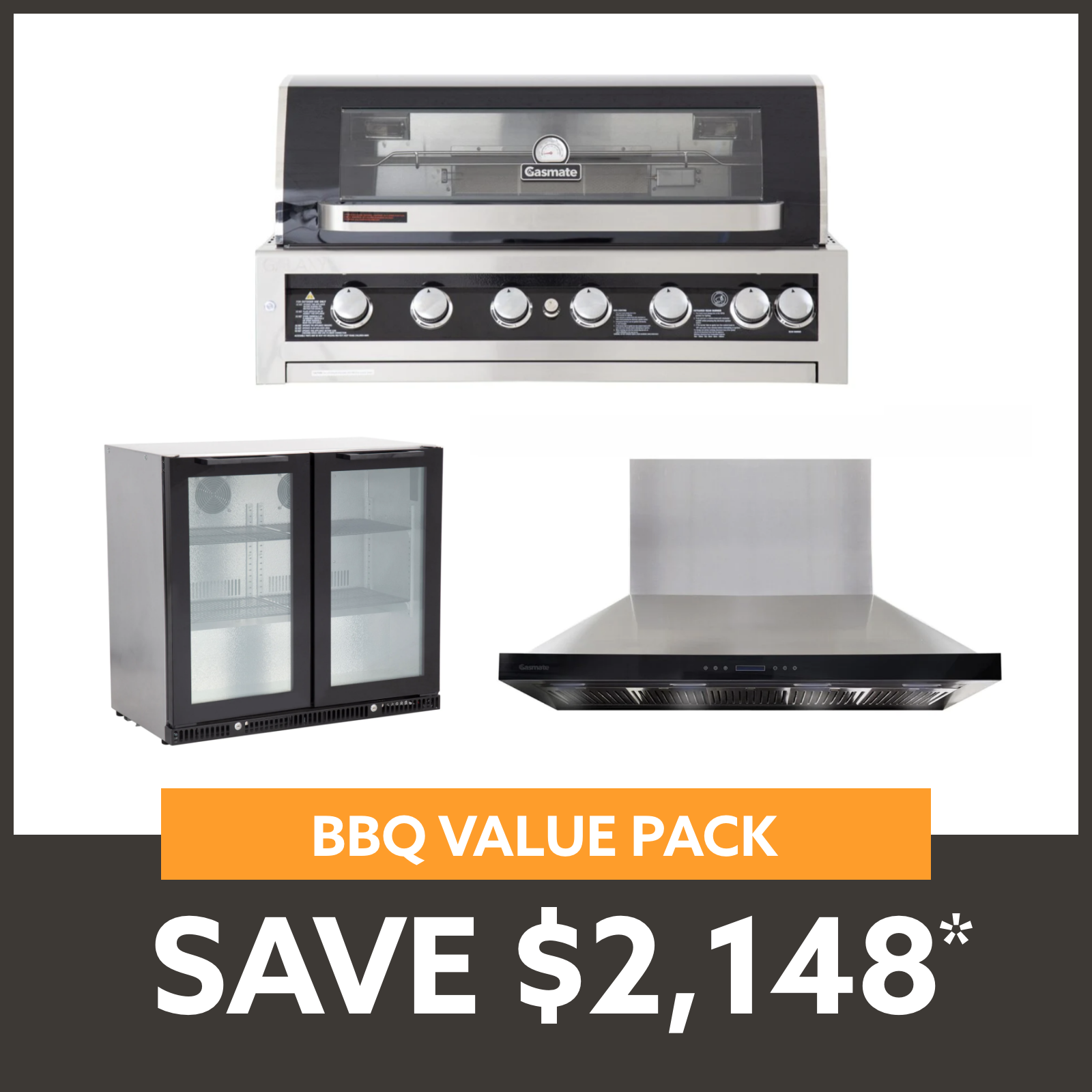 Bundle Gasmate Galaxy Black Classic 6 Burner Built-In BBQ & Deluxe BBQ 120 cm Rangehood & Premium 2 Door 187L Glass Door Bar Fridge