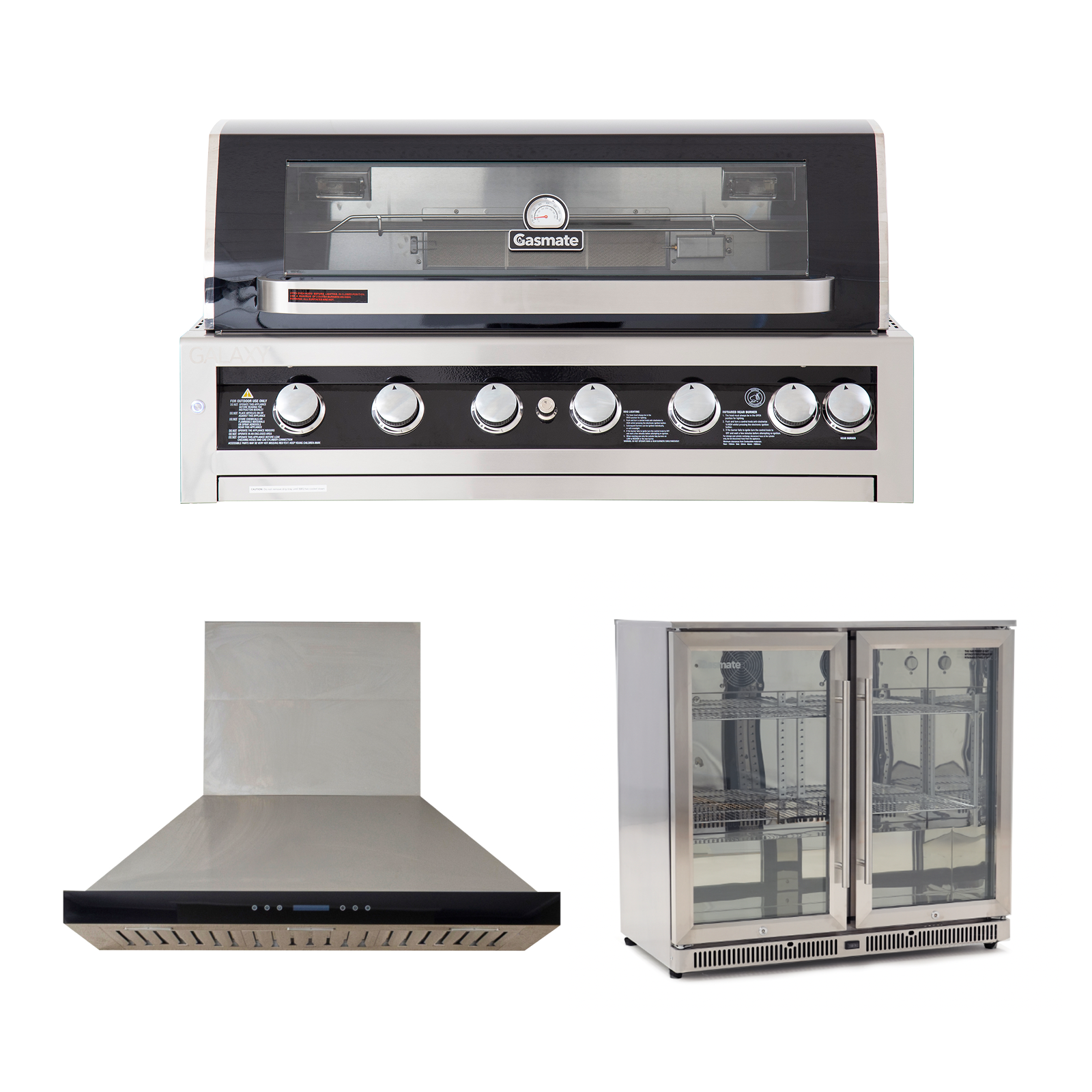 Bundle Gasmate Galaxy Black Classic 6 Burner Built-In BBQ & Deluxe BBQ 120 cm Rangehood & Gasmate 2 Door 208L Stainless Steel Bar Fridge