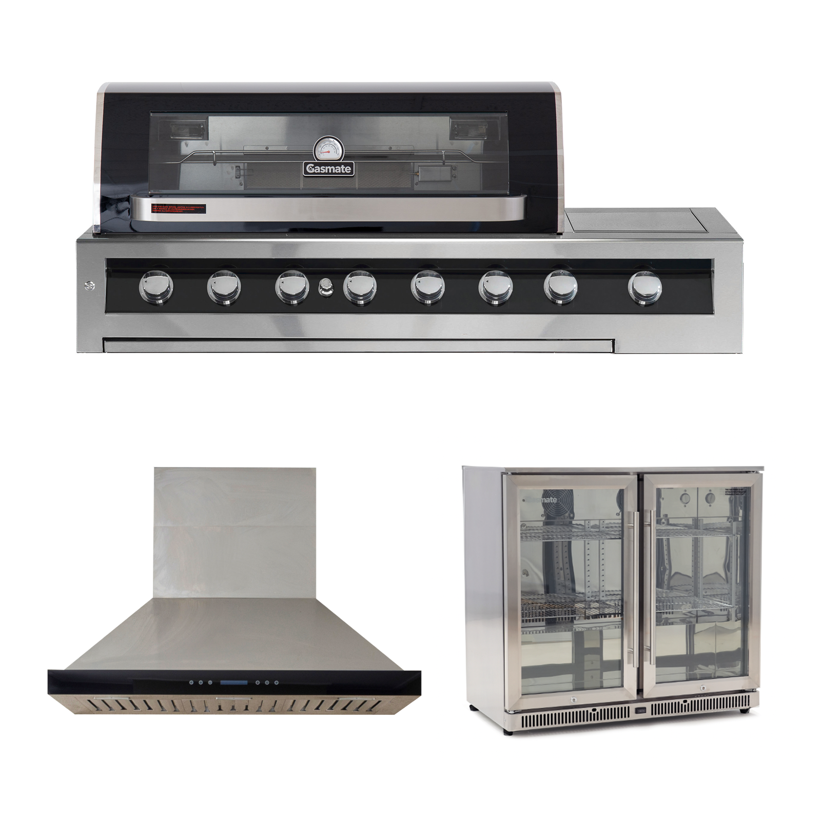 Bundle Gasmate Galaxy Black 6 Burner Built-In BBQ with Side Burner & Deluxe BBQ 150 cm Rangehood & Gasmate 2 Door 208L Stainless Steel Bar Fridge