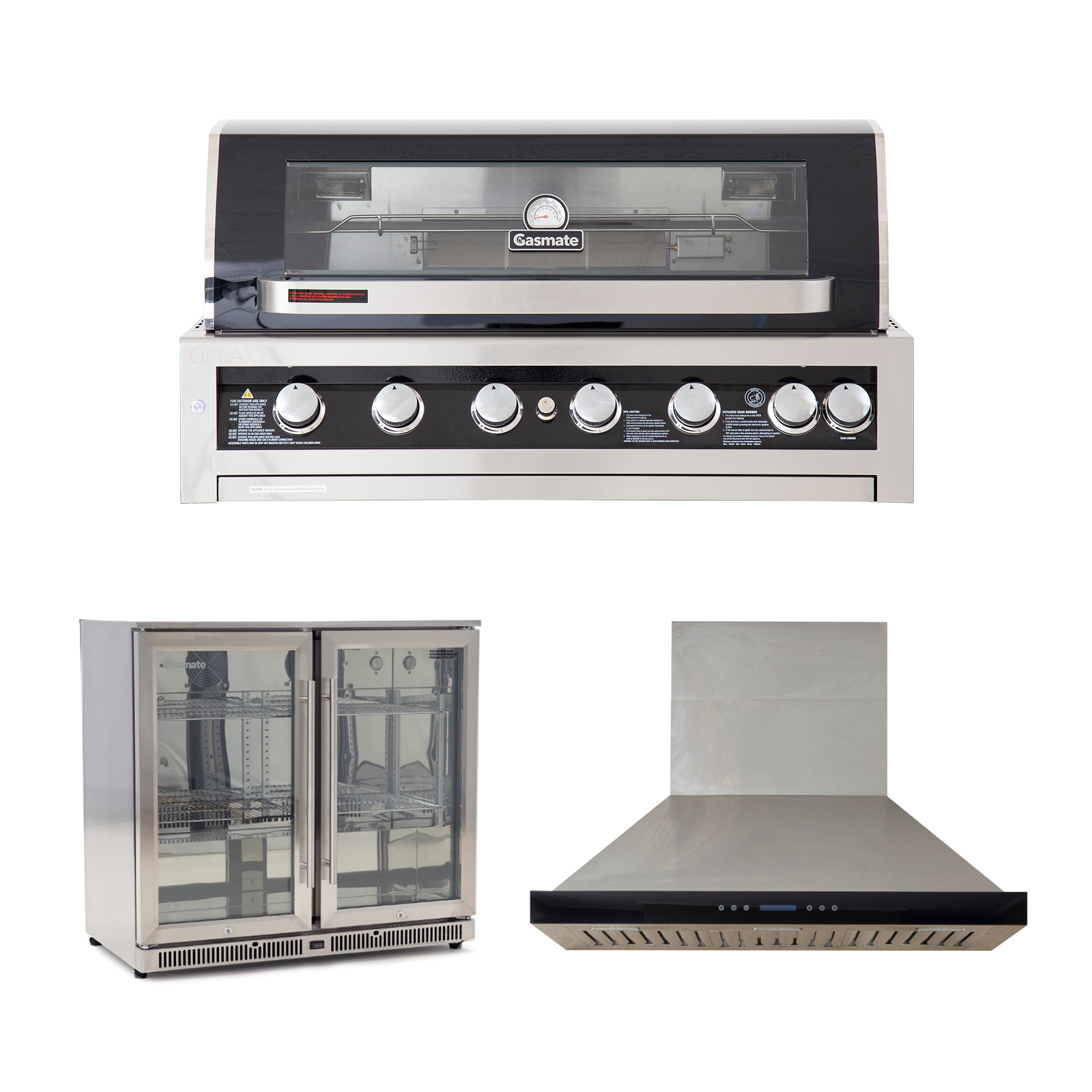 Bundle Gasmate Galaxy Black Classic 6 Burner Built-In BBQ & Deluxe BBQ 120 cm Rangehood & Gasmate 2 Door 208L Stainless Steel Bar Fridge