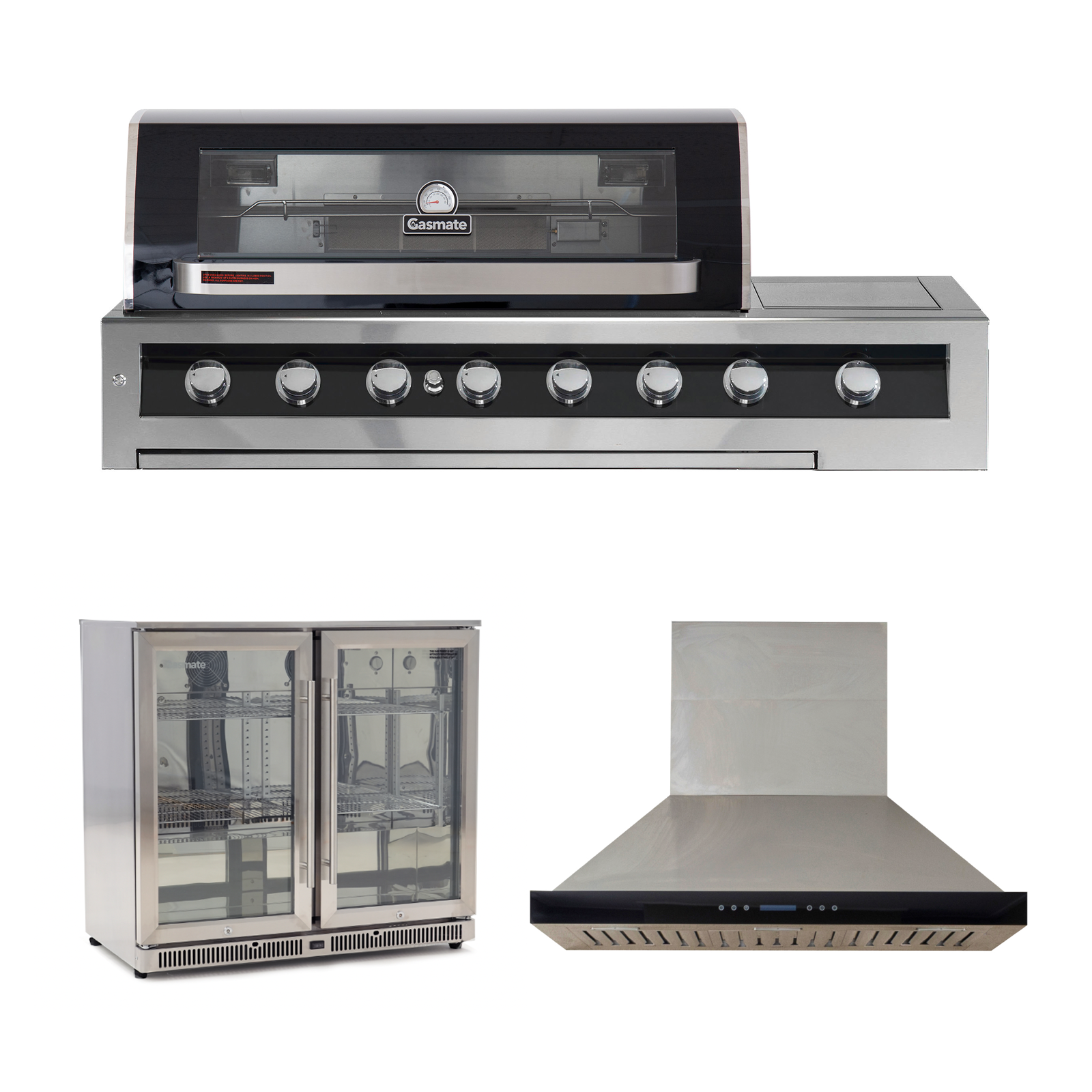 Bundle Gasmate Galaxy Black 6 Burner Built-In BBQ with Side Burner & Deluxe BBQ 150 cm Rangehood & Gasmate 2 Door 208L Stainless Steel Bar Fridge