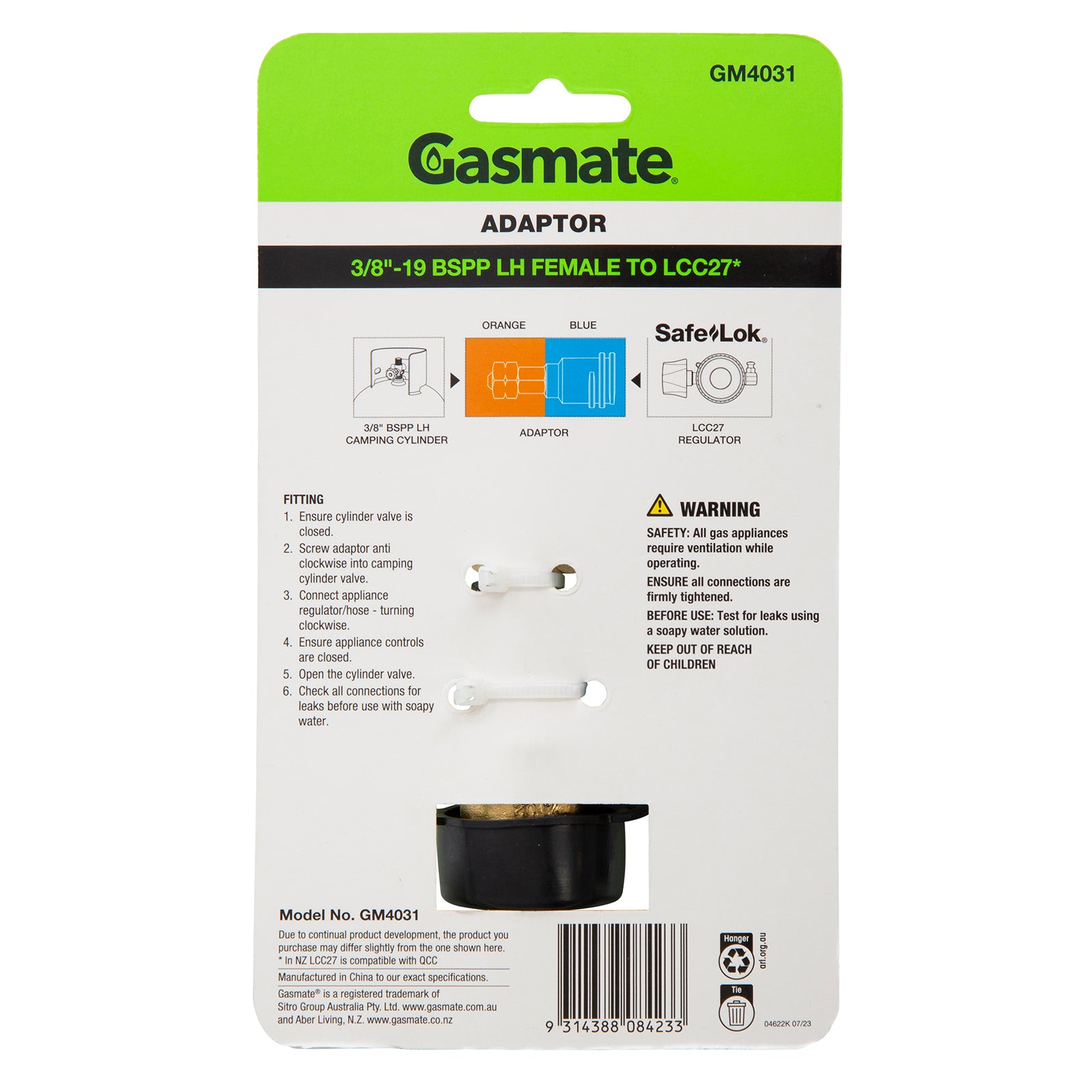 Gasmate Gas Fitting 3/8" BSHPP LH to LCC27