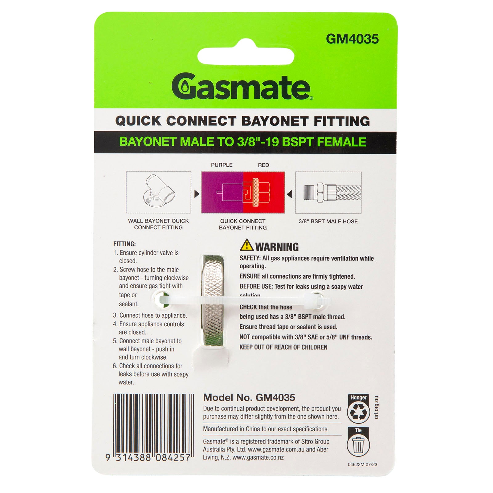 Gasmate Quick Connect Bayonet Fitting - Bayonet To 3/8" BSPT