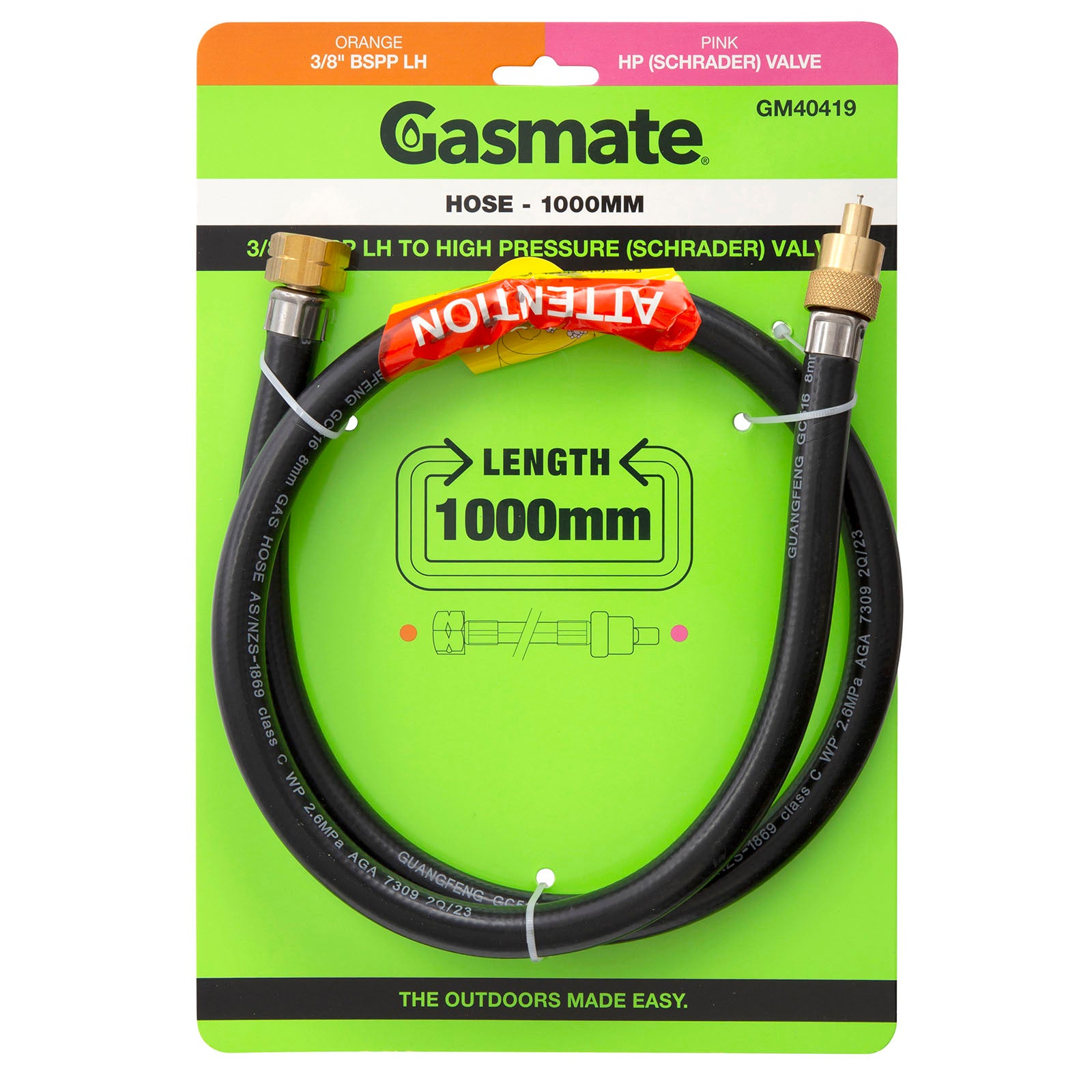 Gasmate Hose - 1000mm - 3/8" BSPP LH to High Pressure (Schrader) Valve