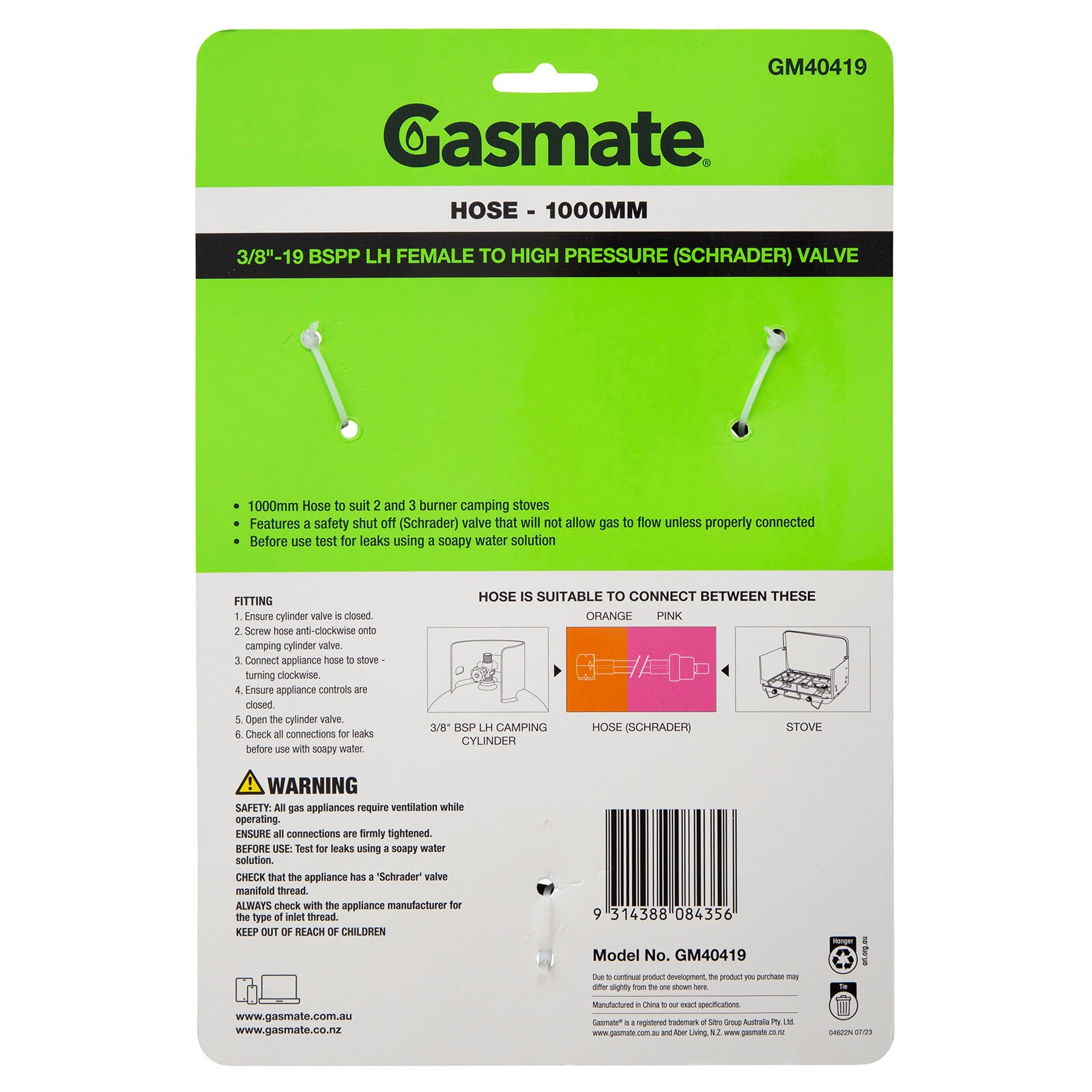 Gasmate Hose - 1000mm - 3/8" BSPP LH to High Pressure (Schrader) Valve