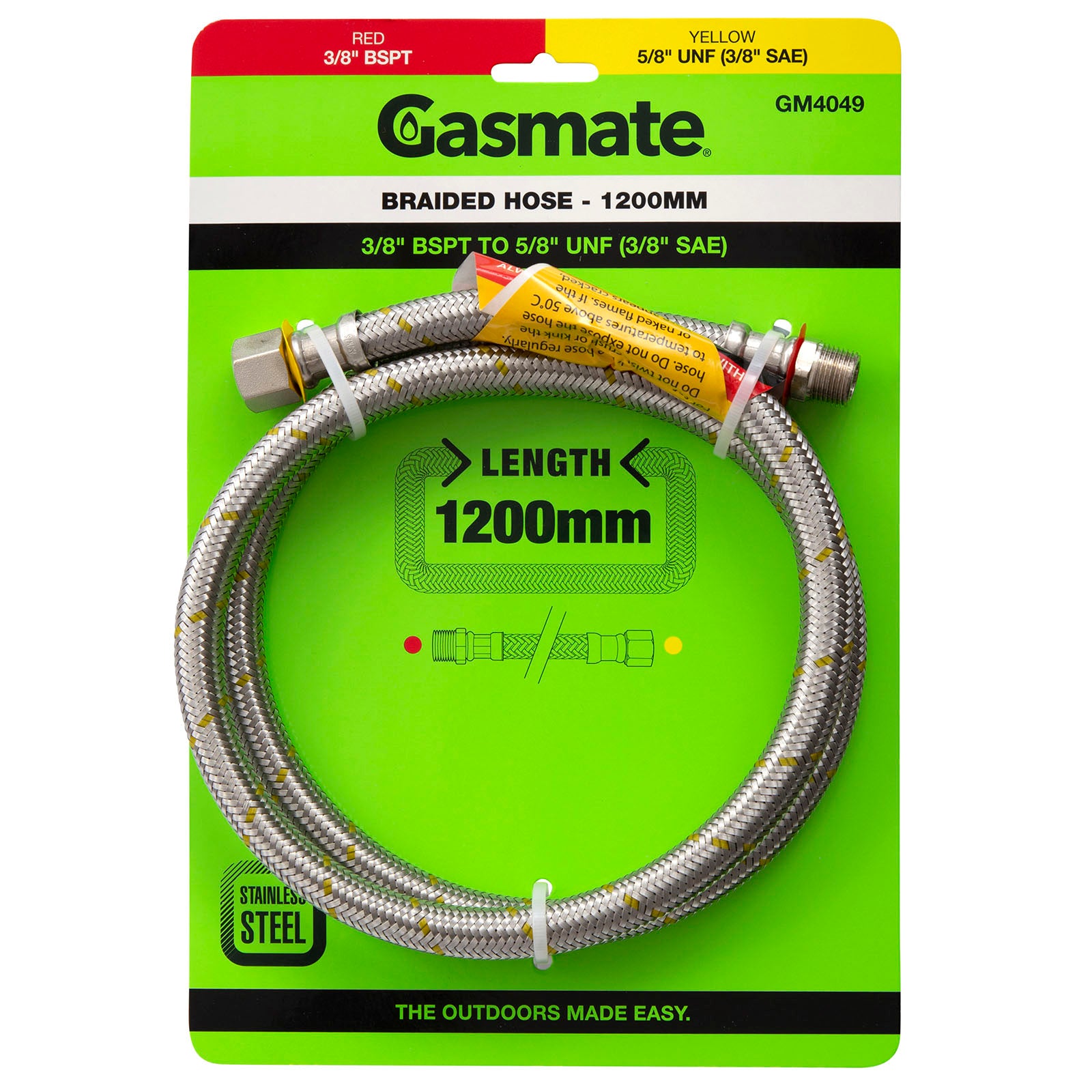 Gasmate Braided Hose - 1200mm - 3/8" BSPT to 5/8" UNF (3/8" SAE)