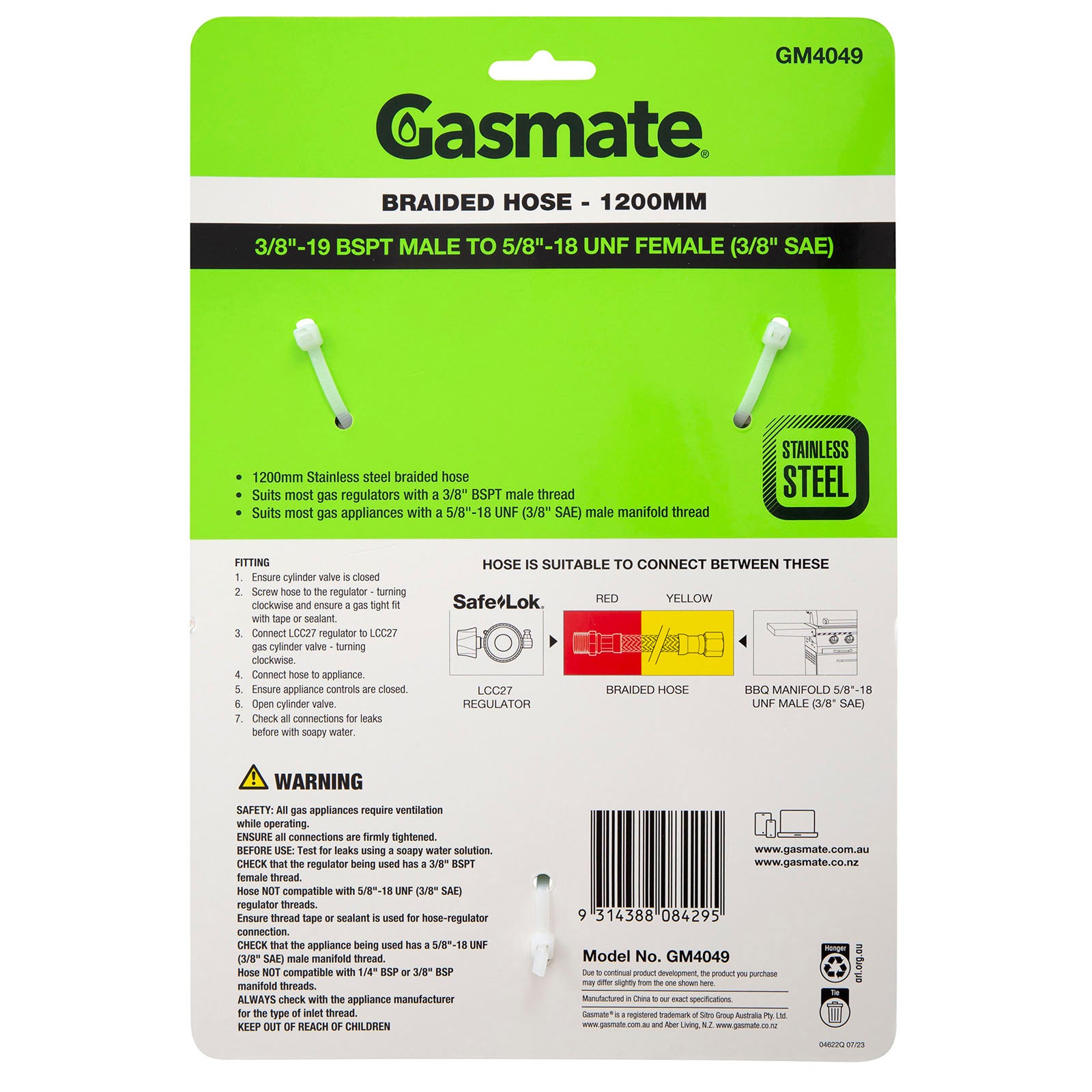 Gasmate Braided Hose - 1200mm - 3/8" BSPT to 5/8" UNF (3/8" SAE)