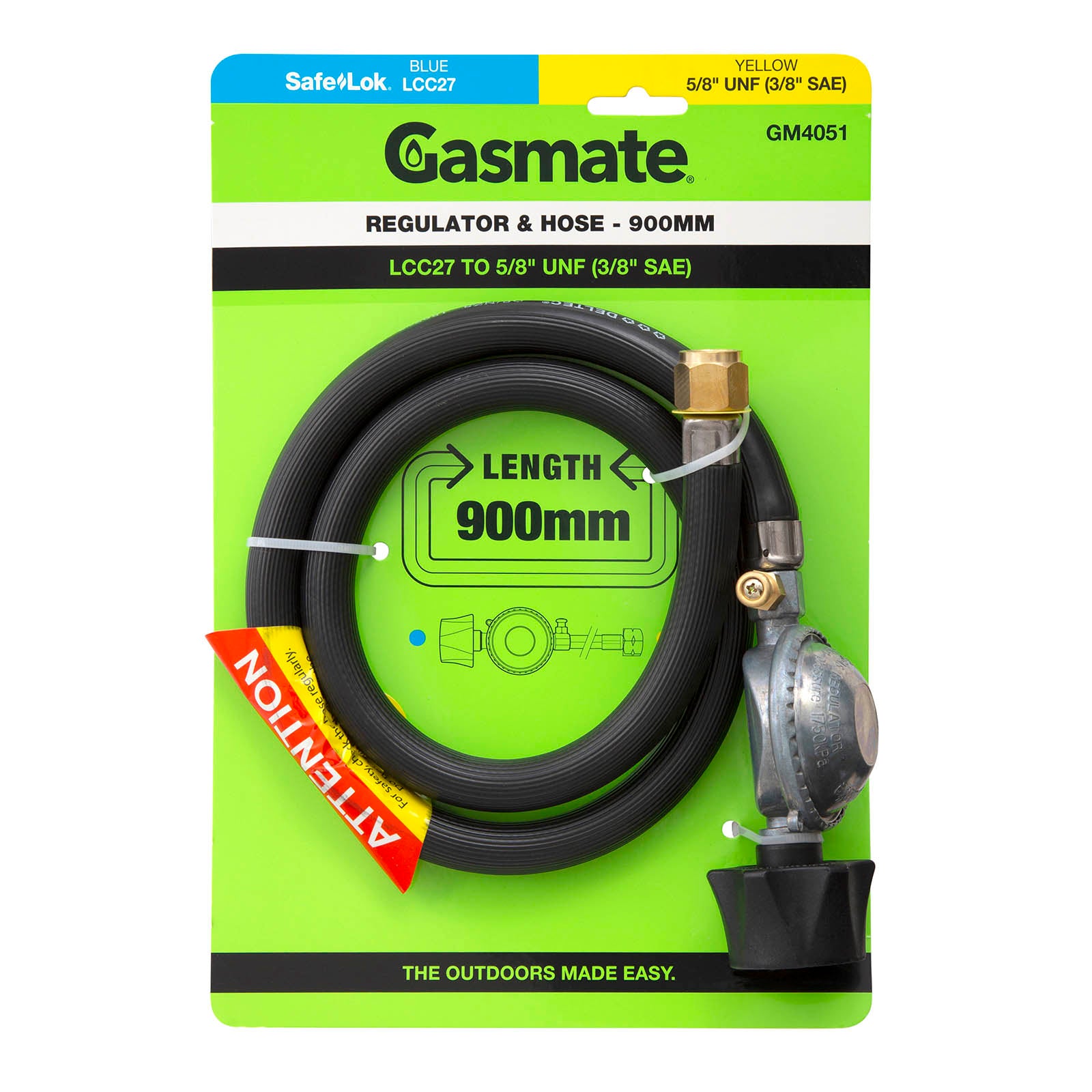 Gasmate Regulator & Hose - 900mm - LCC27 to 5/8" UNF (3/8" SAE)