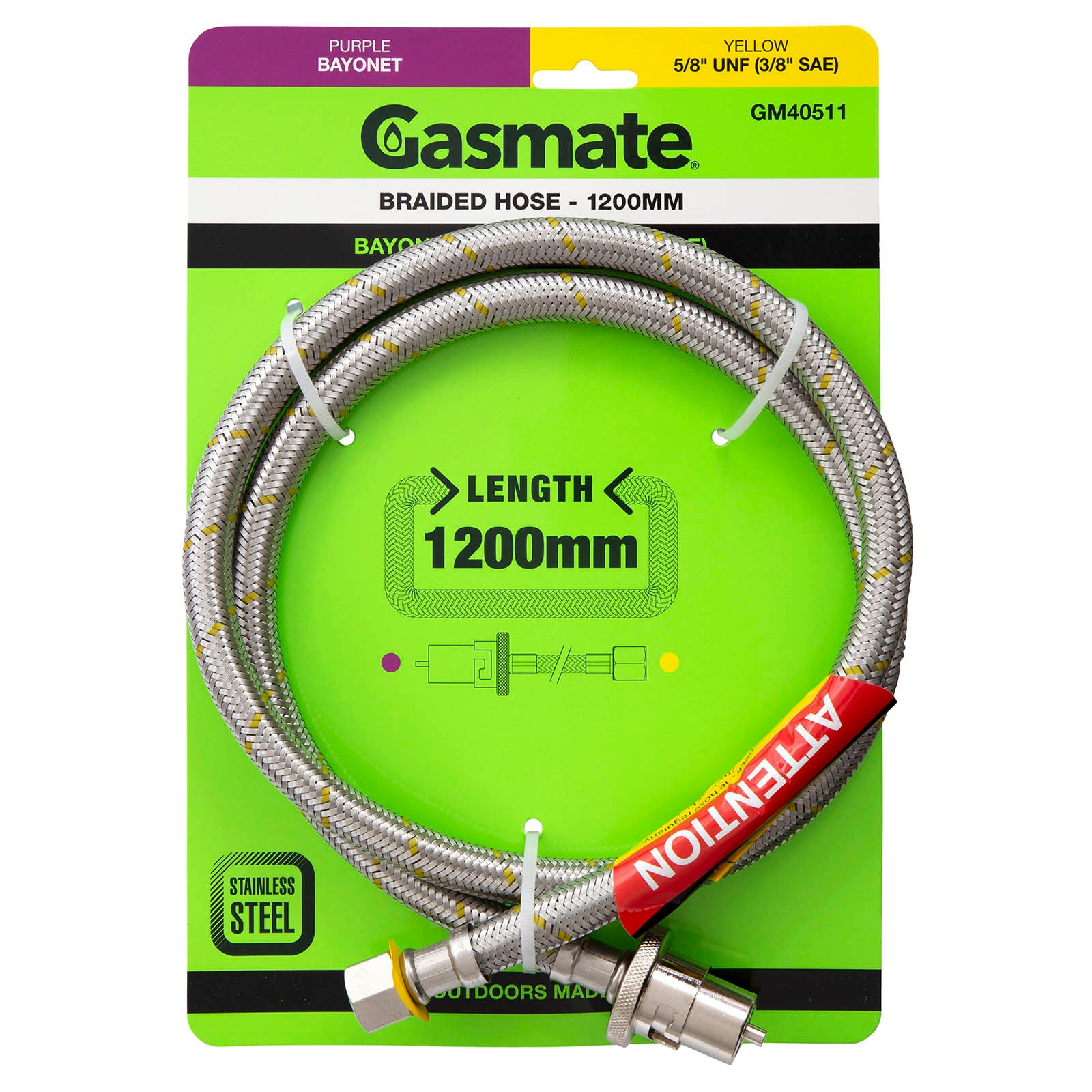 Gasmate Braided Hose - 1200mm - Bayonet to 5/8" UNF (3/8" SAE)