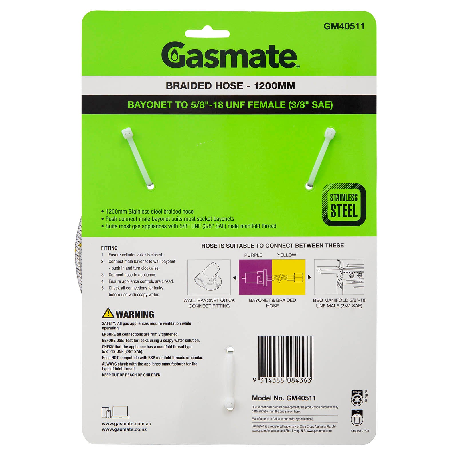 Gasmate Braided Hose - 1200mm - Bayonet to 5/8" UNF (3/8" SAE)