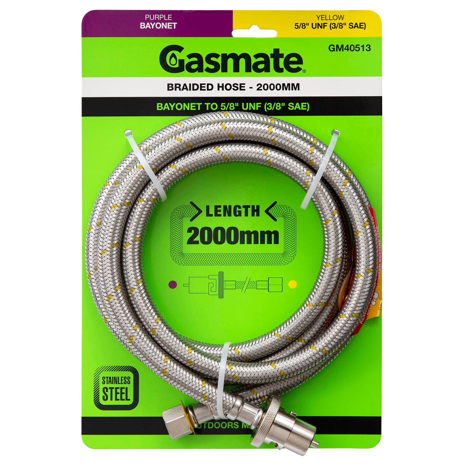 Gasmate Braided Hose - 2000mm - Bayonet To 5/8" UNF (3/8"SAE)