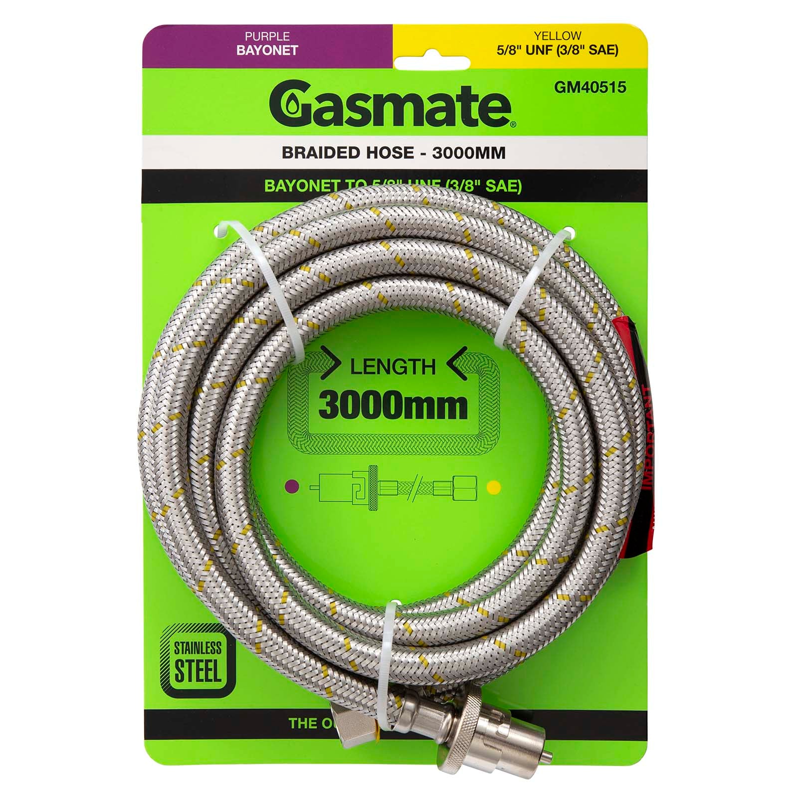 Gasmate Braided Hose - 3000mm - Bayonet to 5/8" UNF (3/8" SAE)