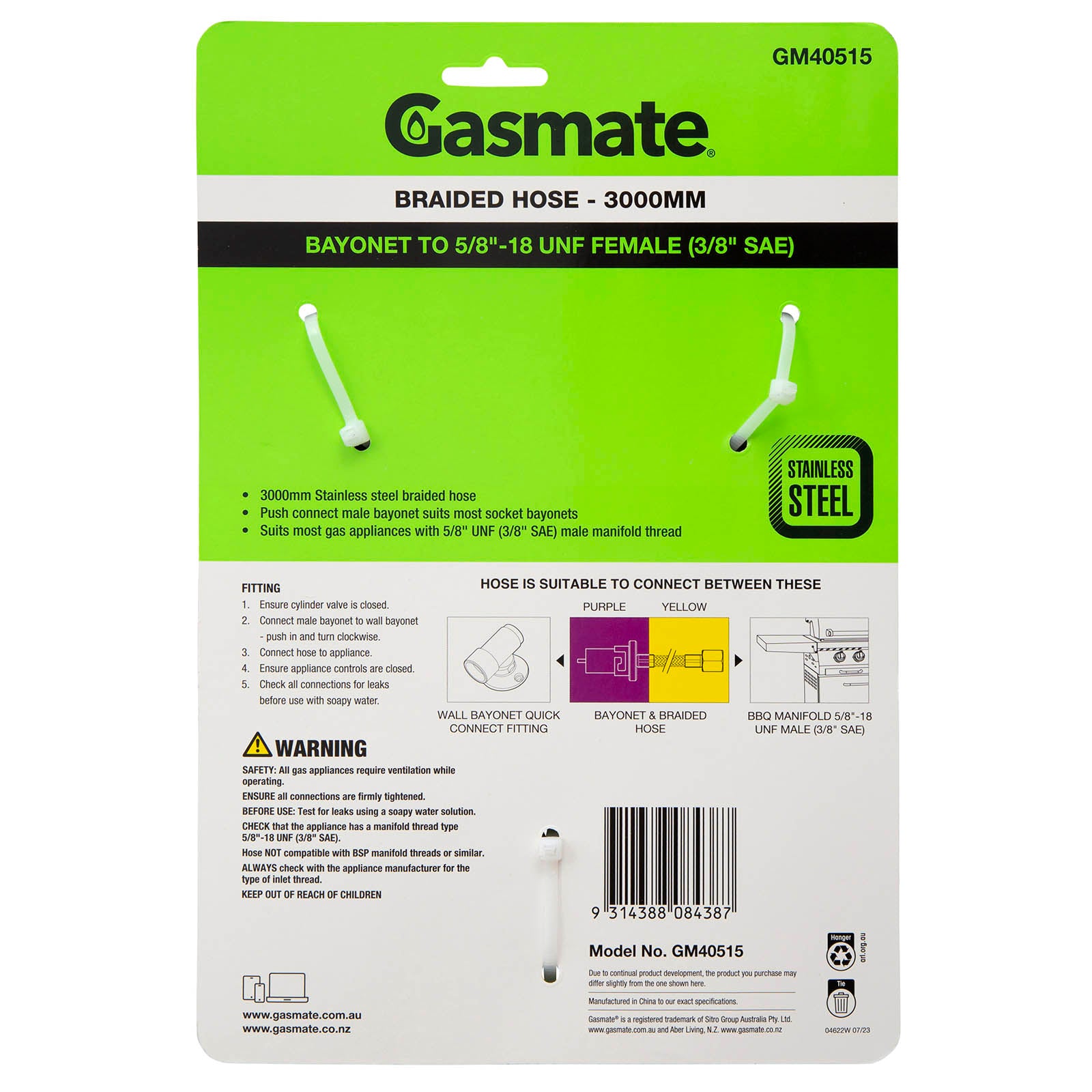 Gasmate Braided Hose - 3000mm - Bayonet to 5/8" UNF (3/8" SAE)