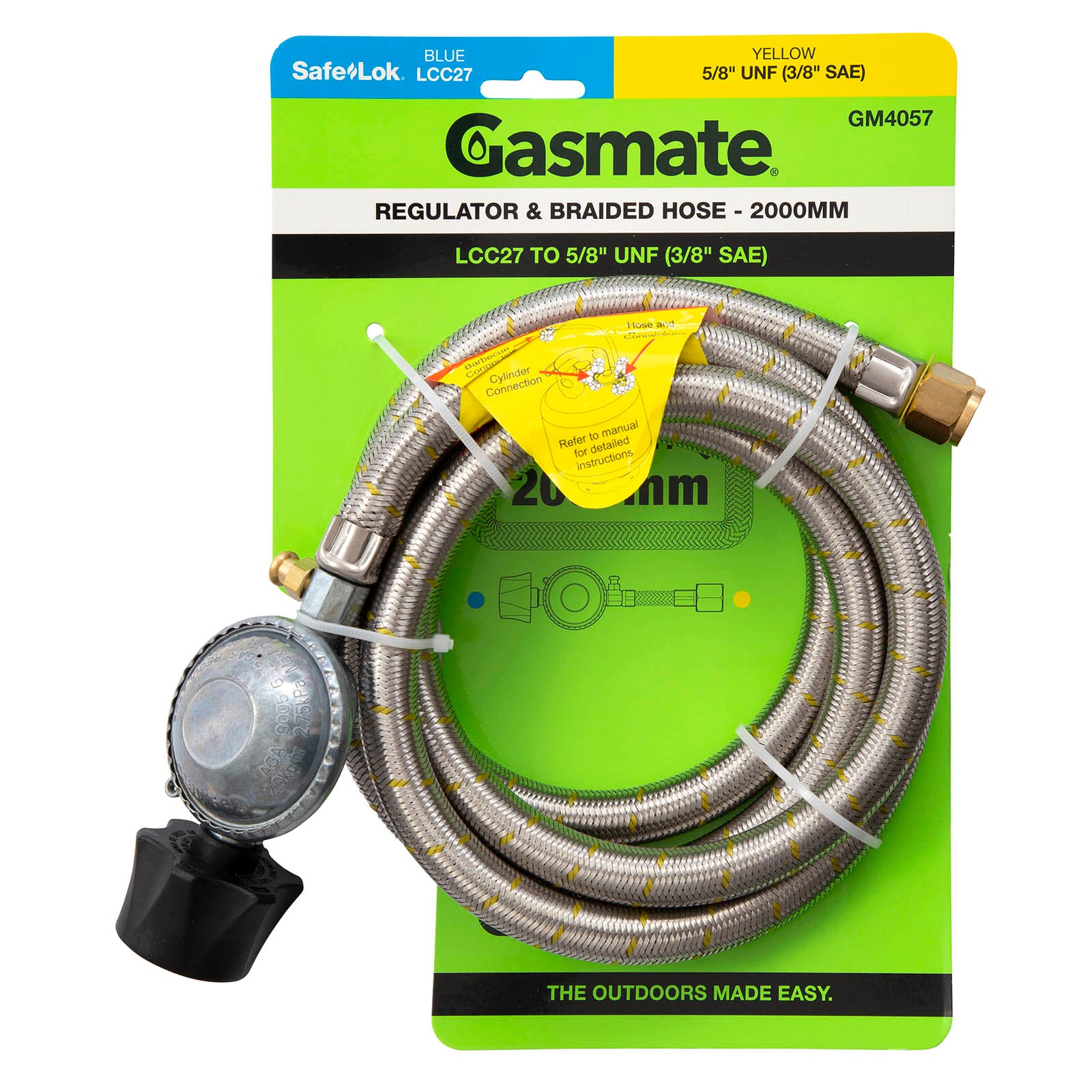 Gasmate Regulator & Braided Hose - 2000mm - LCC27 to 5/8"UNF (3/8" SAE)
