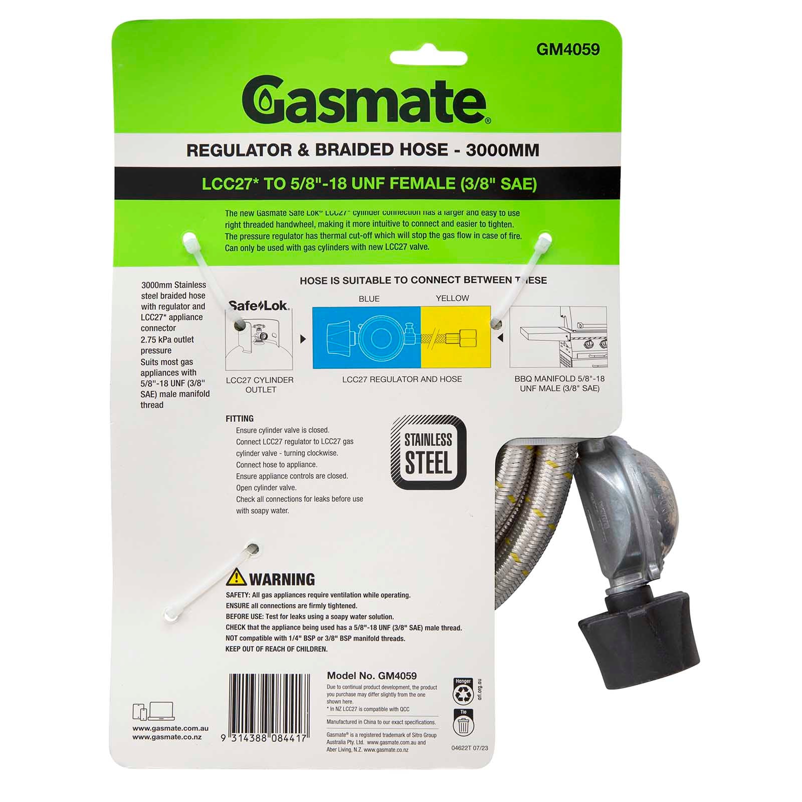 Gasmate Regulator & Braided Hose - 3000mm - LCC27 to 5/8" UNF (3/8" SAE)
