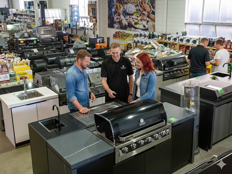 People shopping for BBQ kitchens at Outdoors Domain.