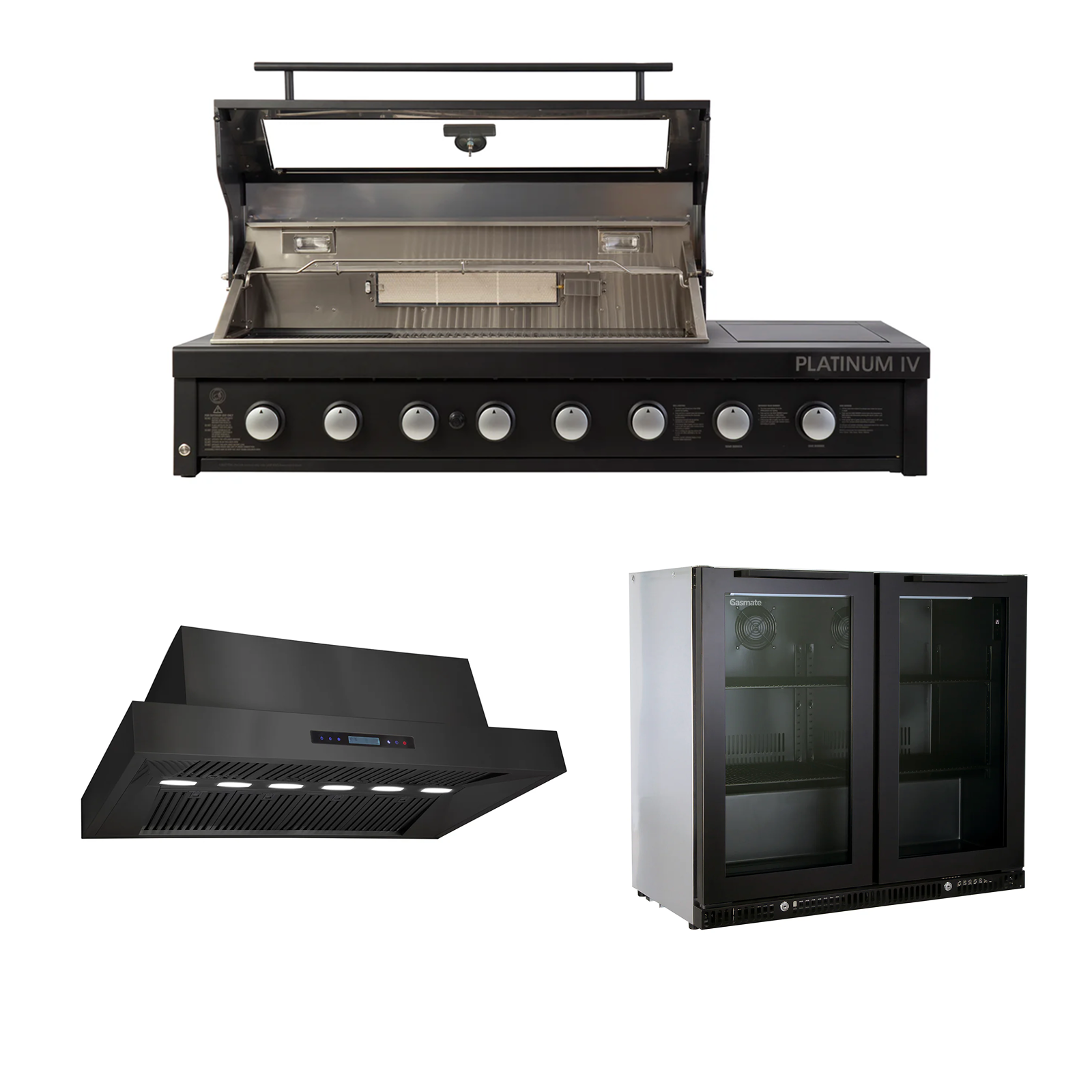 Bundle Gasmate Platinum IV BBQ & Premium 2 Door Bar Fridge & Excelsior 1480 Rangehood