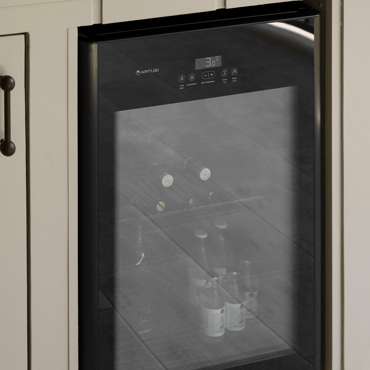 Artusi ABC1B single-door beverage centre - black glass door and touch controls in a kitchen setting