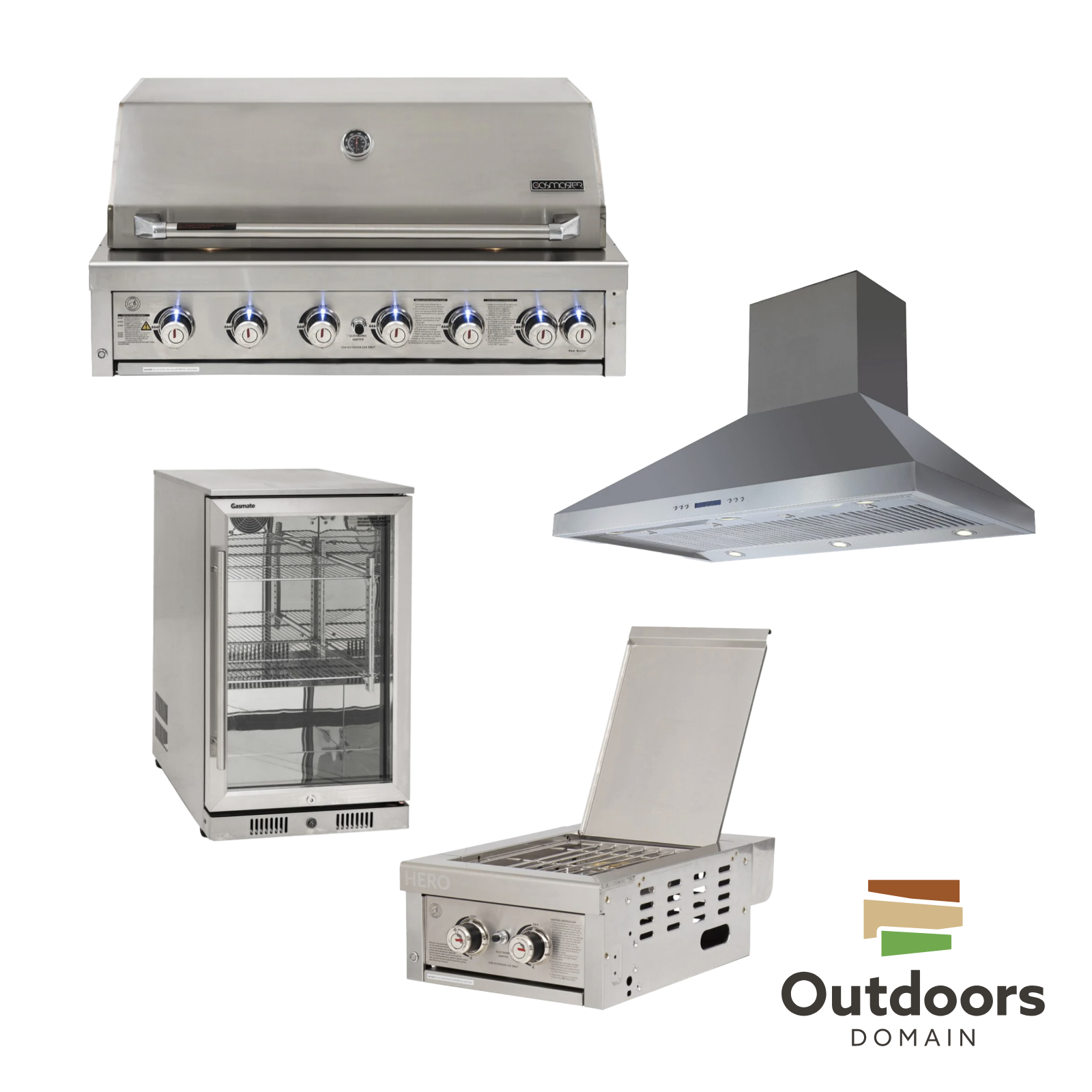 Bundle Gasmaster Hero 6 Burner BBQ & Dual Side Burner & 120cm Rangehood & Gasmate 1 Door 118L Bar Fridge