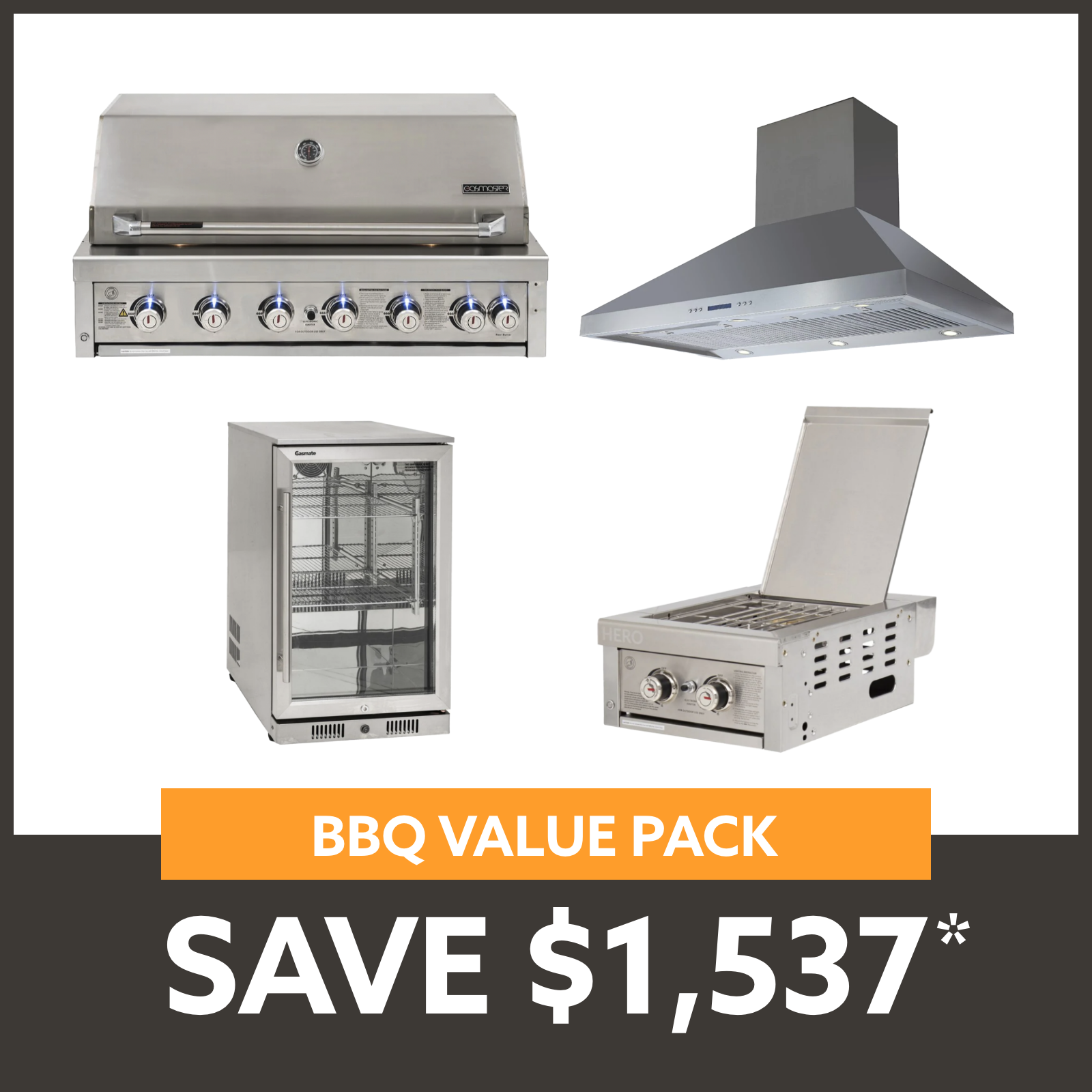 Bundle Gasmaster Hero 6 Burner BBQ & Dual Side Burner & 120cm Rangehood & Gasmate 1 Door 118L Bar Fridge