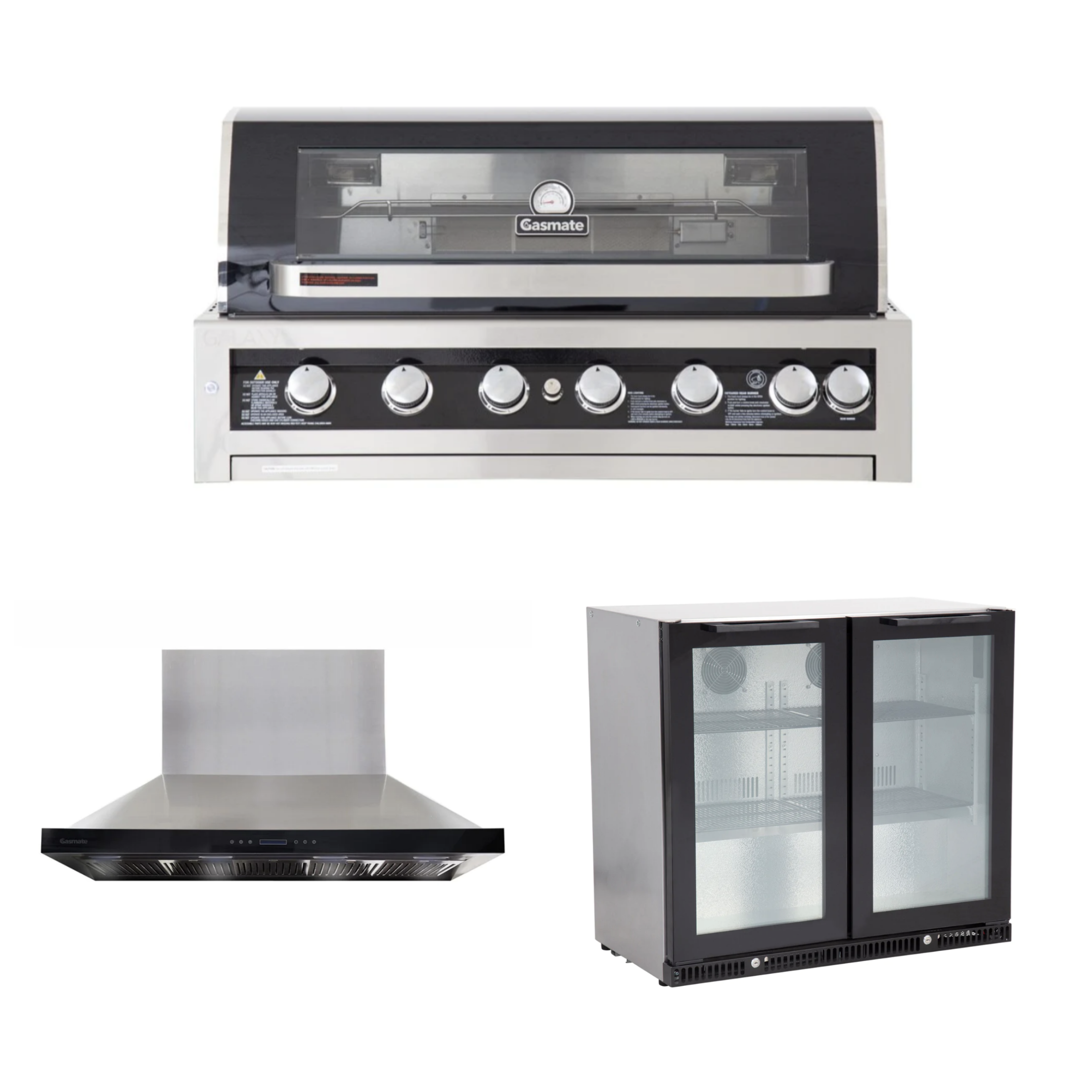 Bundle Gasmate Galaxy Black Classic 6 Burner Built-In BBQ & Deluxe BBQ 120 cm Rangehood & Premium 2 Door 187L Glass Door Bar Fridge