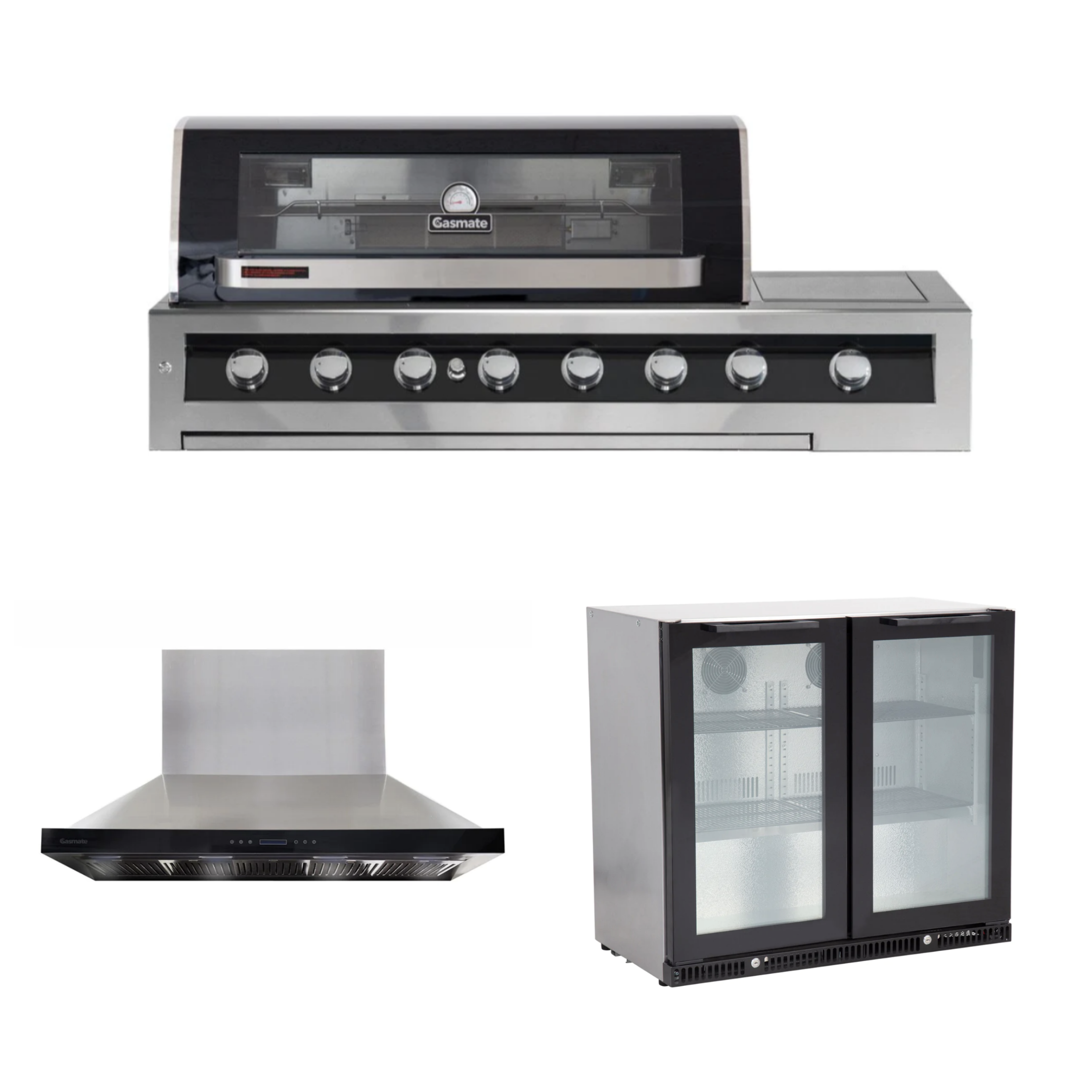 Bundle Gasmate Galaxy Black 6 Burner Built-In BBQ with Side Burner & Deluxe BBQ 150 cm Rangehood & Premium 2 Door 187L Glass Door Bar Fridge