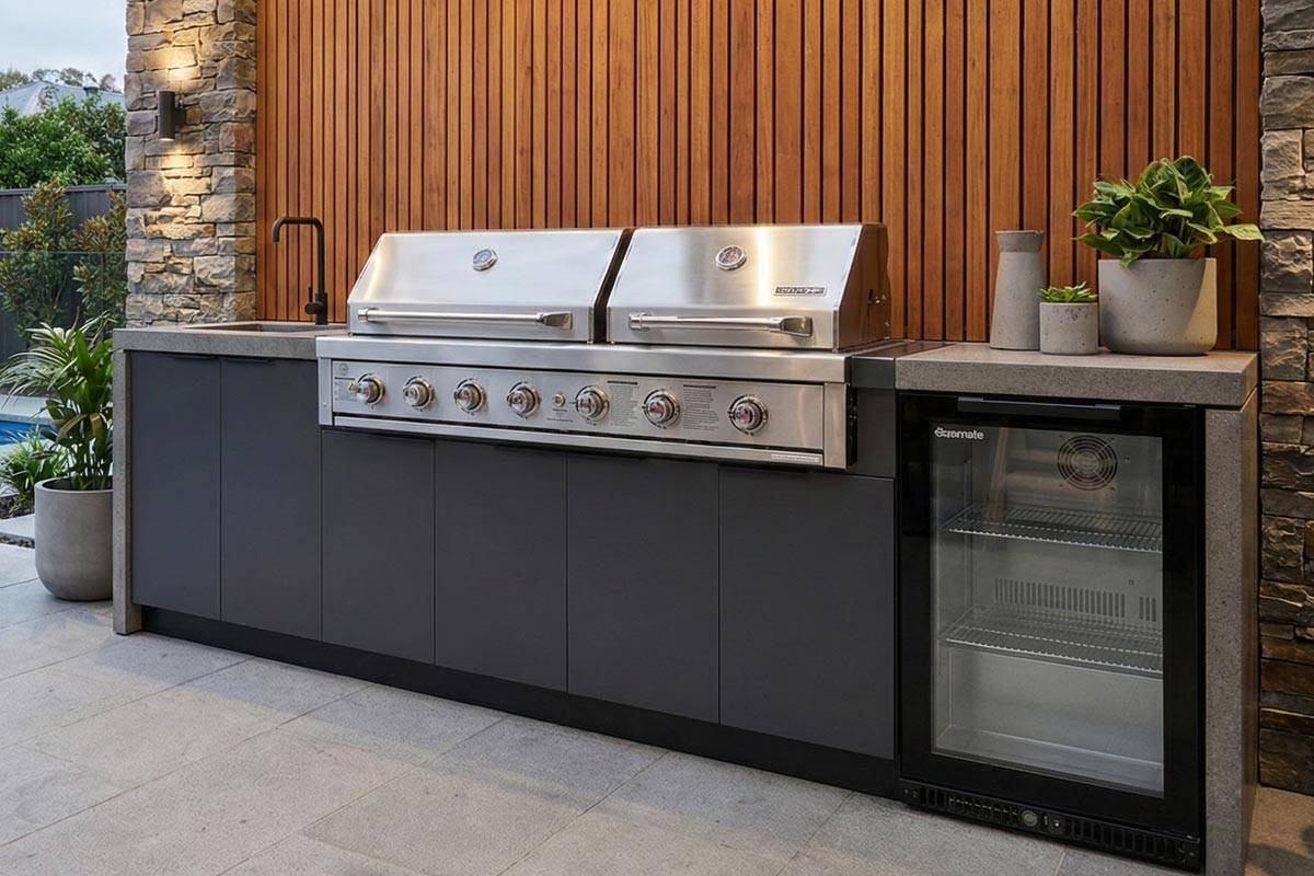 Beautiful Outdoor BBQ Kitchens feature a stailness steel BBQ and bar fridge with cabinex cabinetry by Outdoors Domain