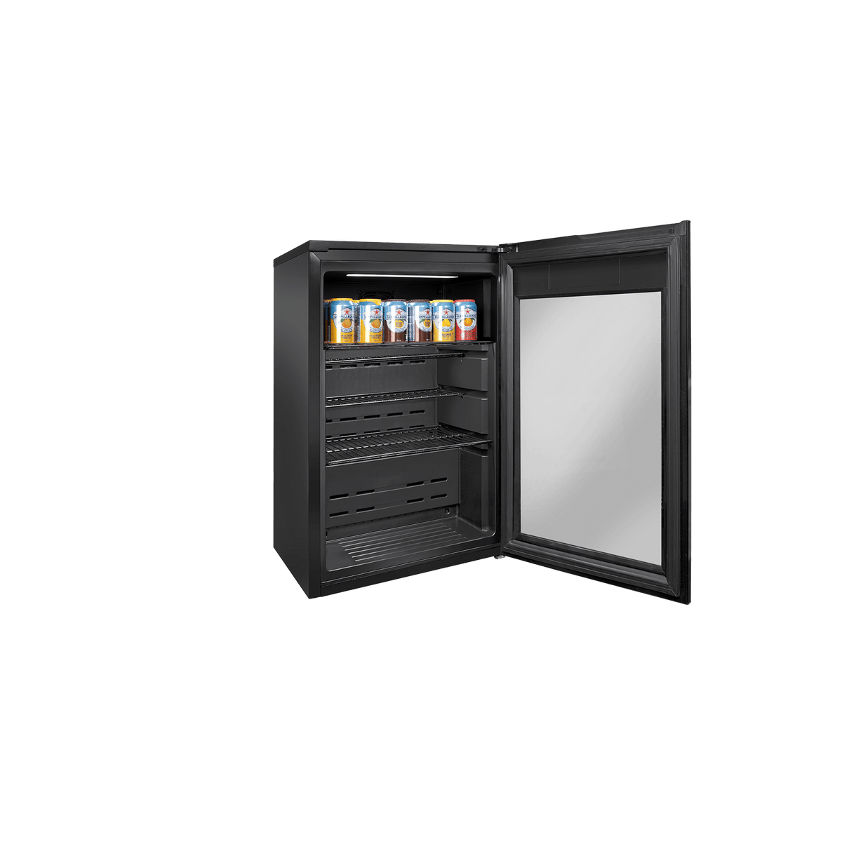 Artusi ABC1B single-door beverage centre - open door showing adjustable shelving and cans