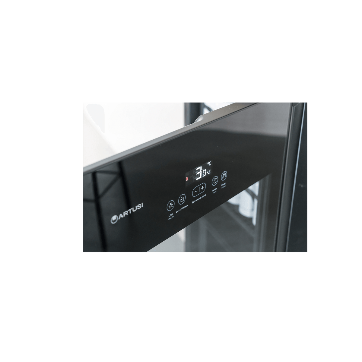 Artusi ABC1B single-door beverage centre - close-up of the black glass door and touch controls