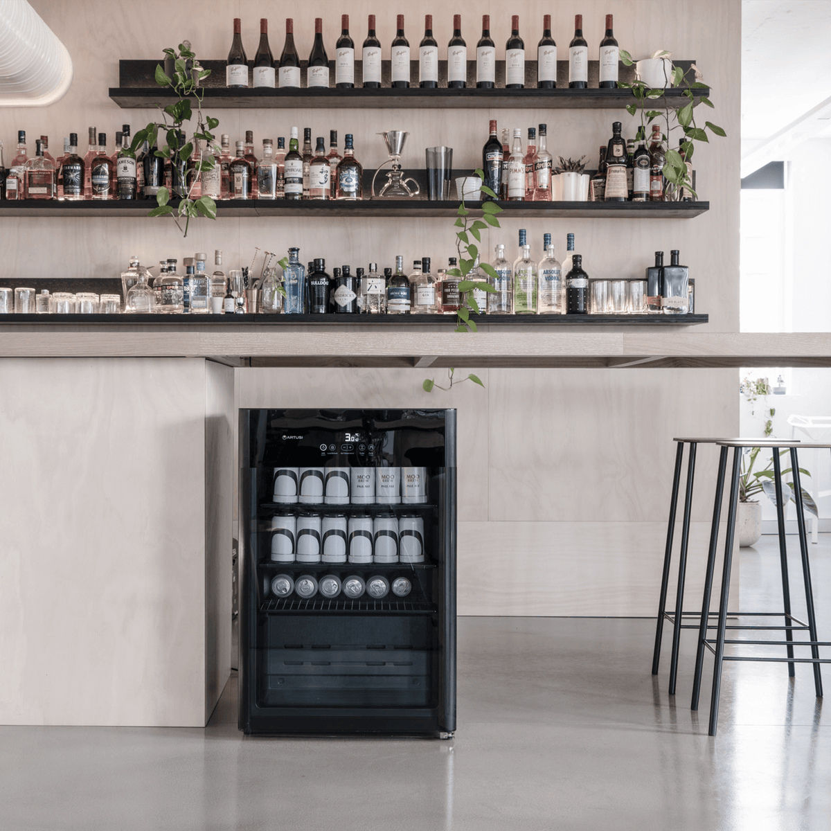 Artusi ABC1B single-door beverage centre - beverage fridge installed beneath a bar